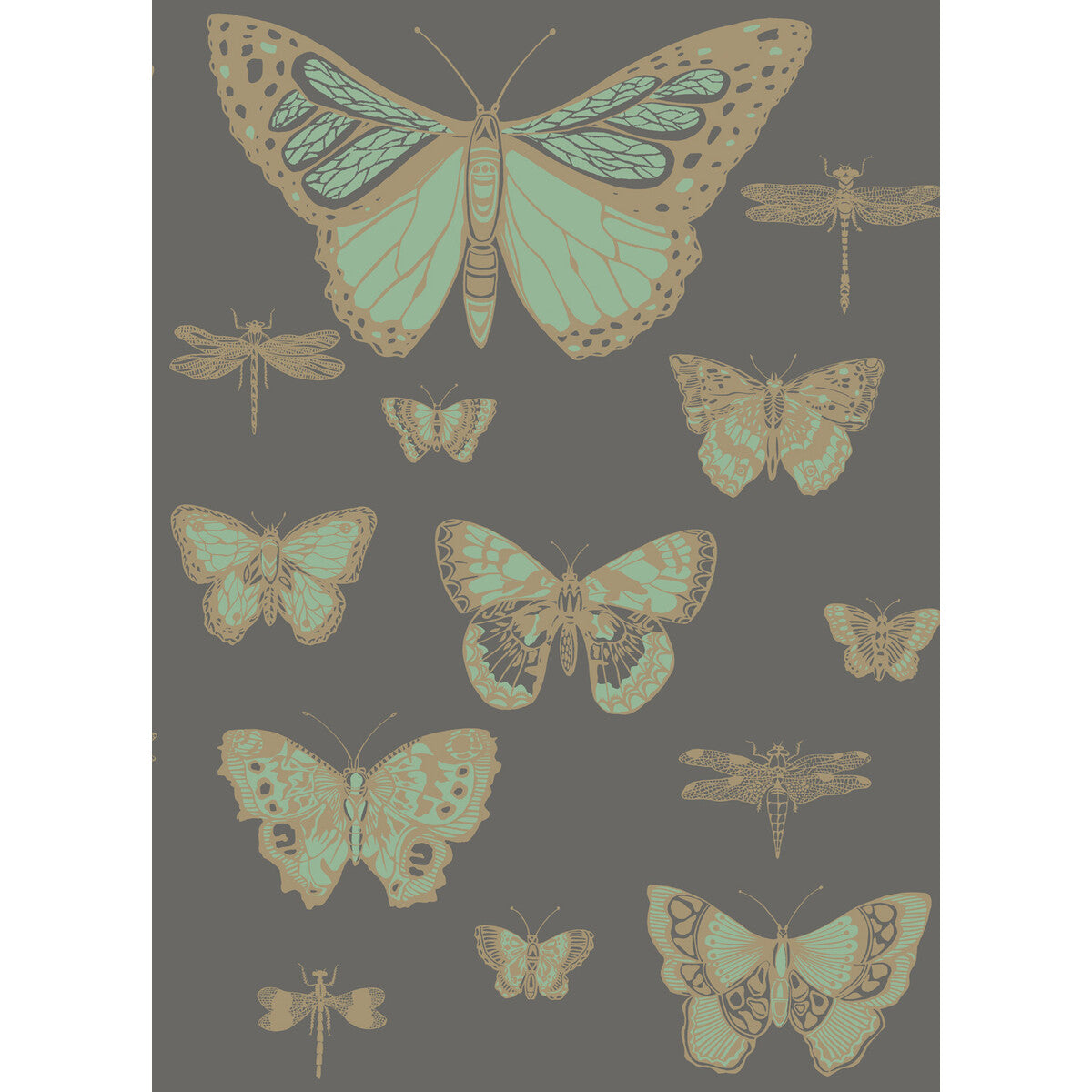 COLE & SON 103/15067.CS.0 BUTTERFLIES & DRAGONFLIES GREEN ON CHAR Wallpaper - Eade's Wallpaper
