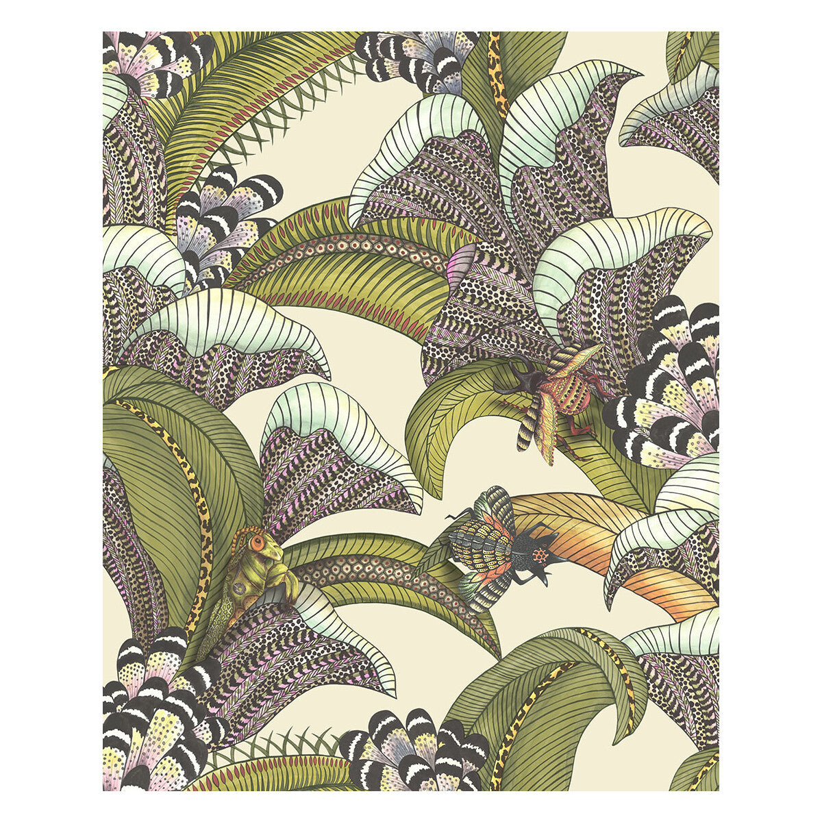 COLE & SON 119/1001.CS.0 HOOPOE LEAVES OLIVE/CHART/FUCHSIA ON CREAM Wallpaper - Eade's Wallpaper