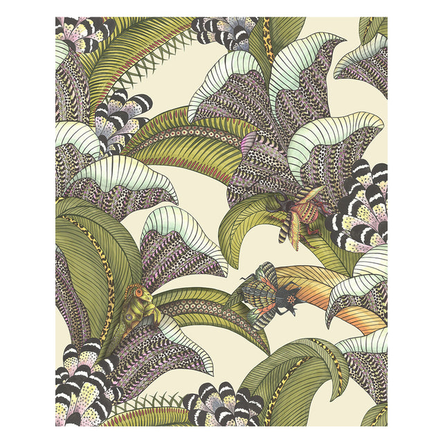 COLE & SON 119/1001.CS.0 HOOPOE LEAVES OLIVE/CHART/FUCHSIA ON CREAM Wallpaper - Eade's Wallpaper