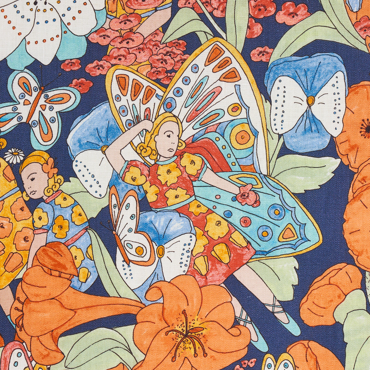 Schumacher 180141 FAIRIE GARDEN in ORANGE AND NAVY Fabric -