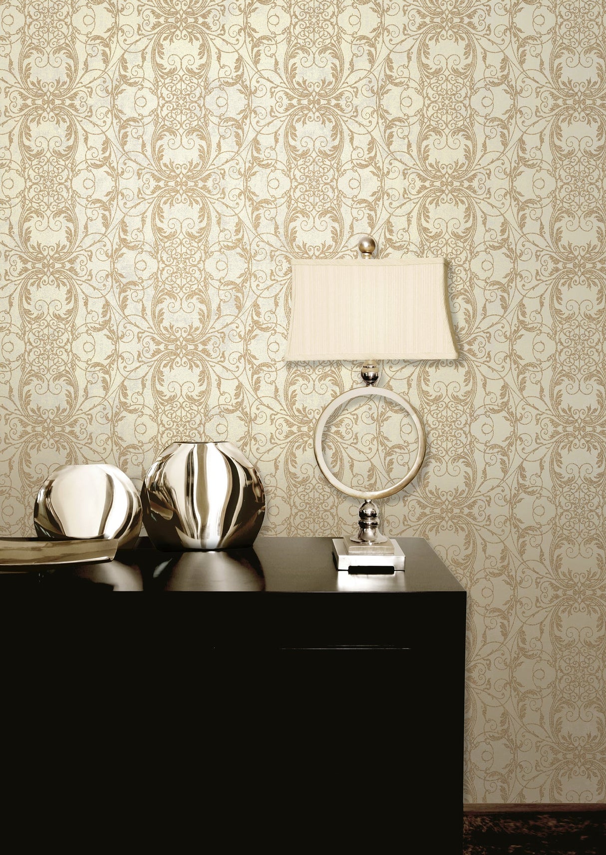 Kenneth James 2542-20727 Tianna Gold Ironwork Scroll Wallpaper