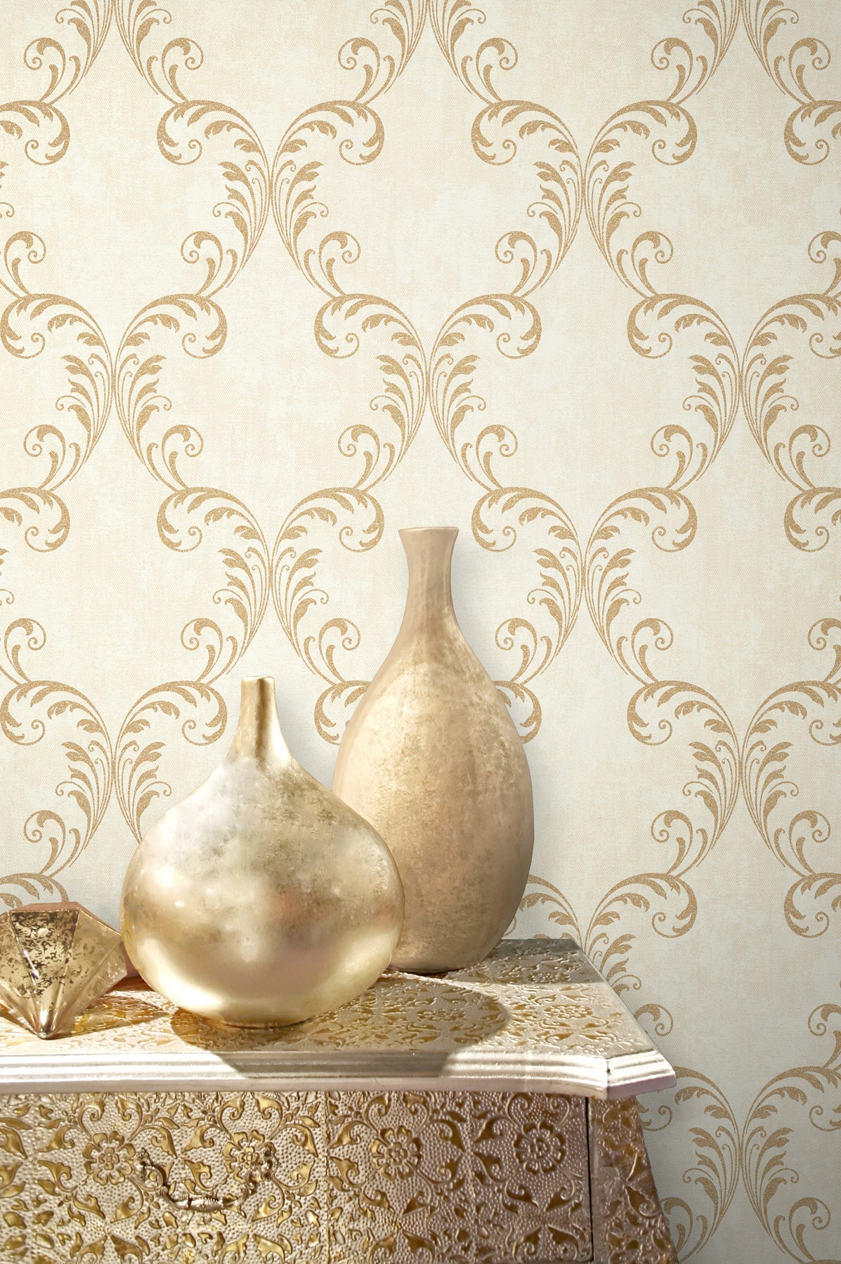 Kenneth James 2542-20735 Quill Gold Ironwork Leaf Wallpaper