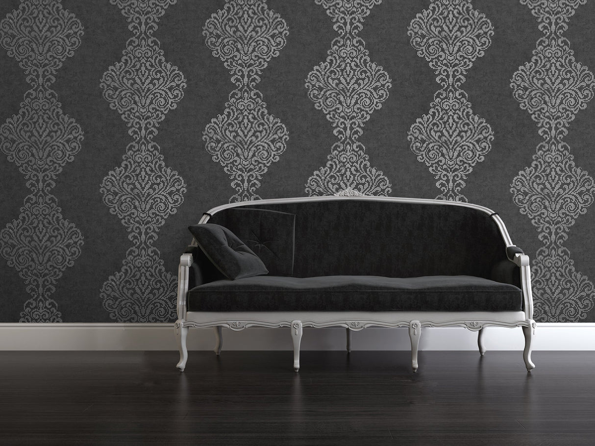 Kenneth James 2542-20747 Lux Charcoal Foil Damask Wallpaper
