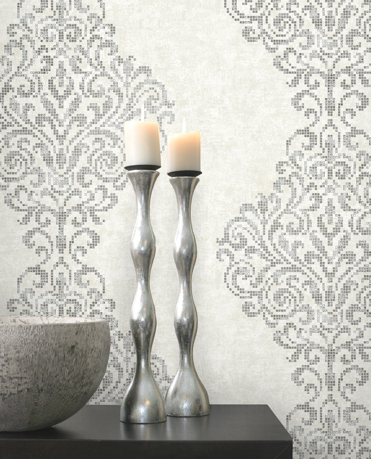 Kenneth James 2542-20749 Lux Silver Foil Damask Wallpaper