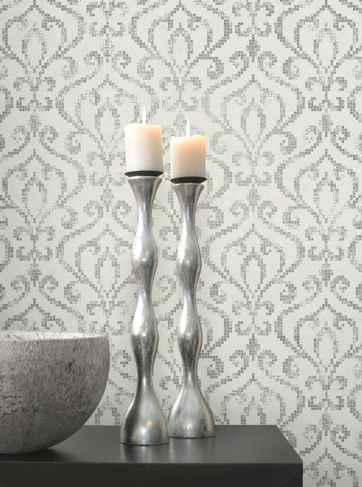 Kenneth James 2542-20754 Venus Silver Foil Mini Damask Wallpaper