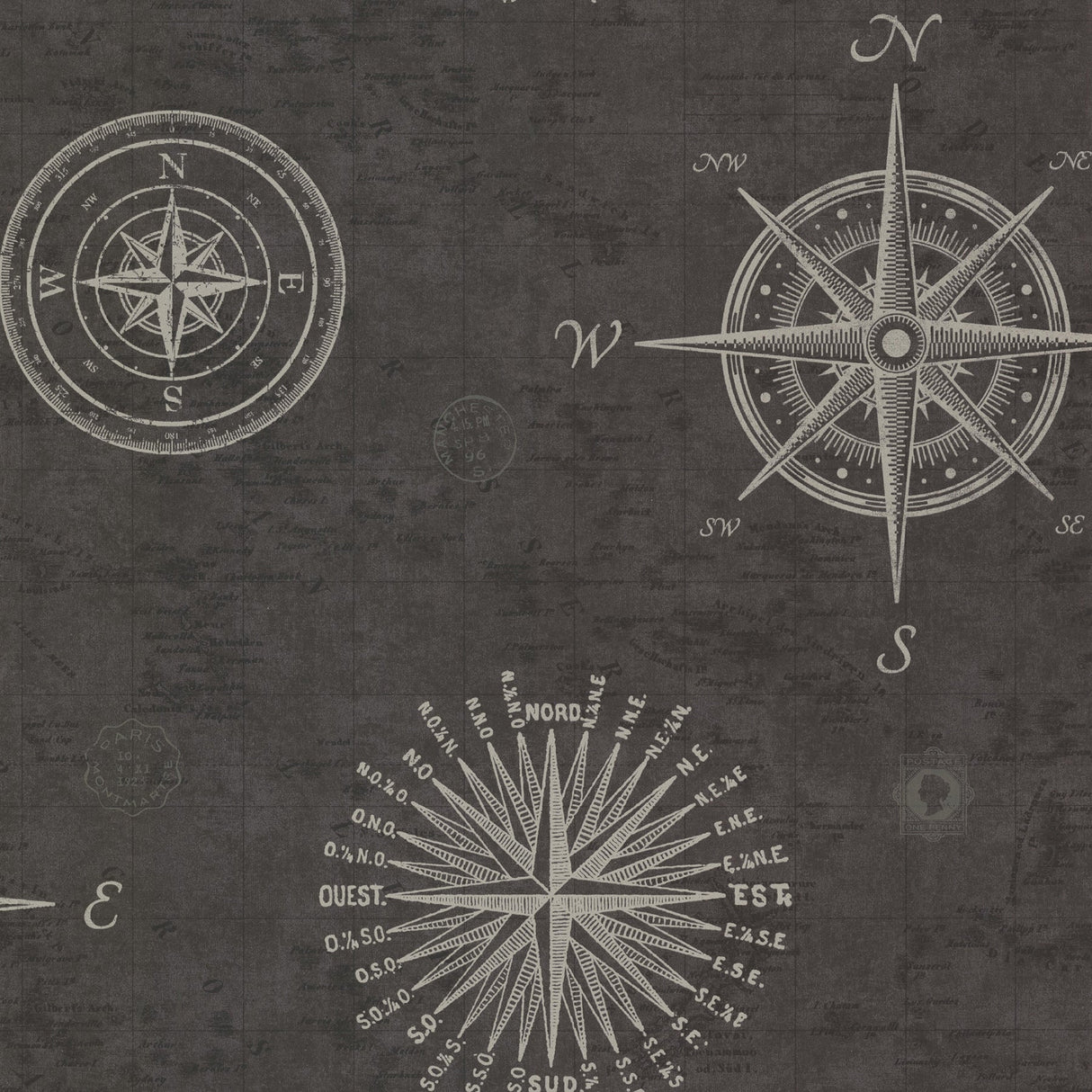 Beacon House 2604-21215 Navigate Charcoal Vintage Compass Wallpaper