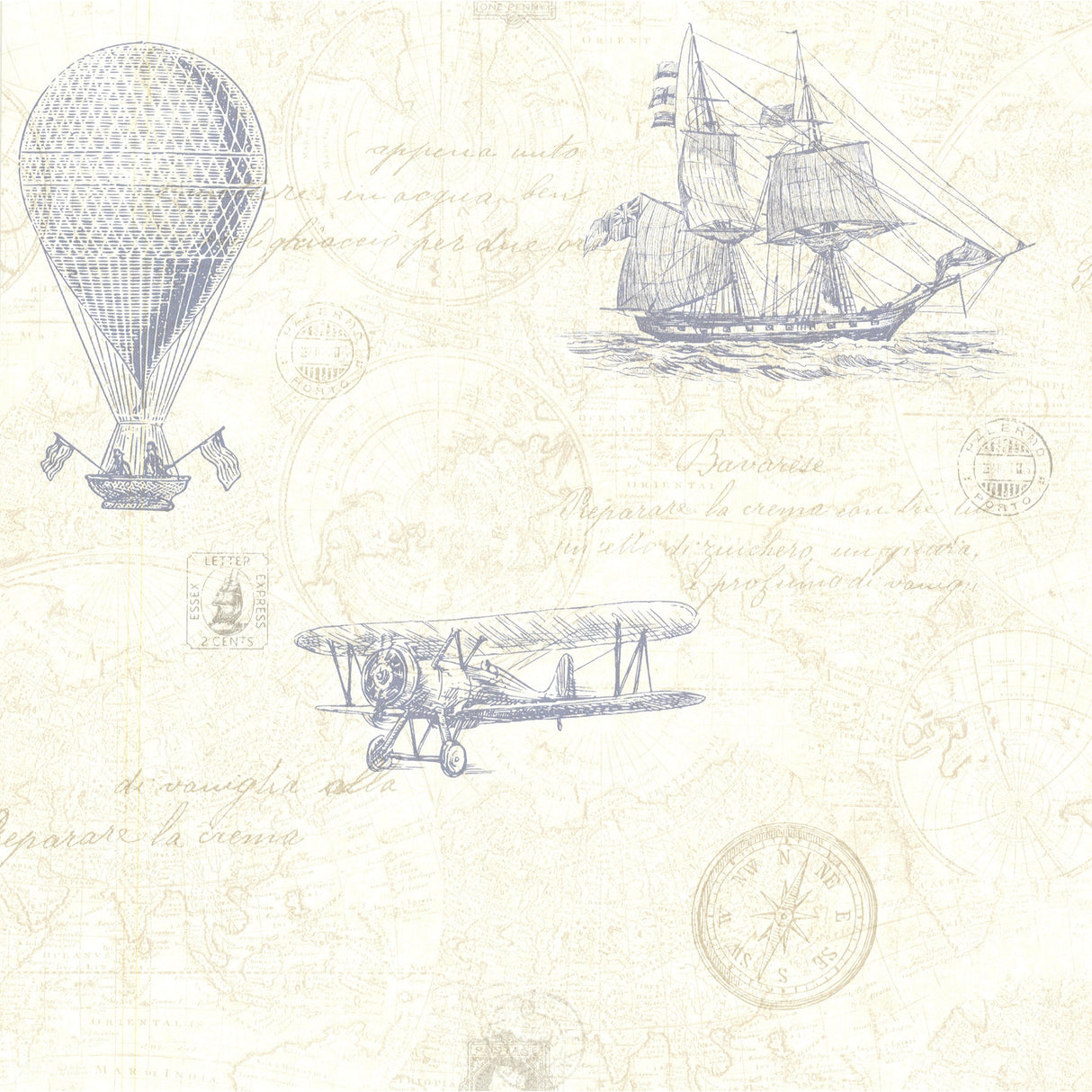 Beacon House 2604-21242 Explorer Blue Antique Map Wallpaper