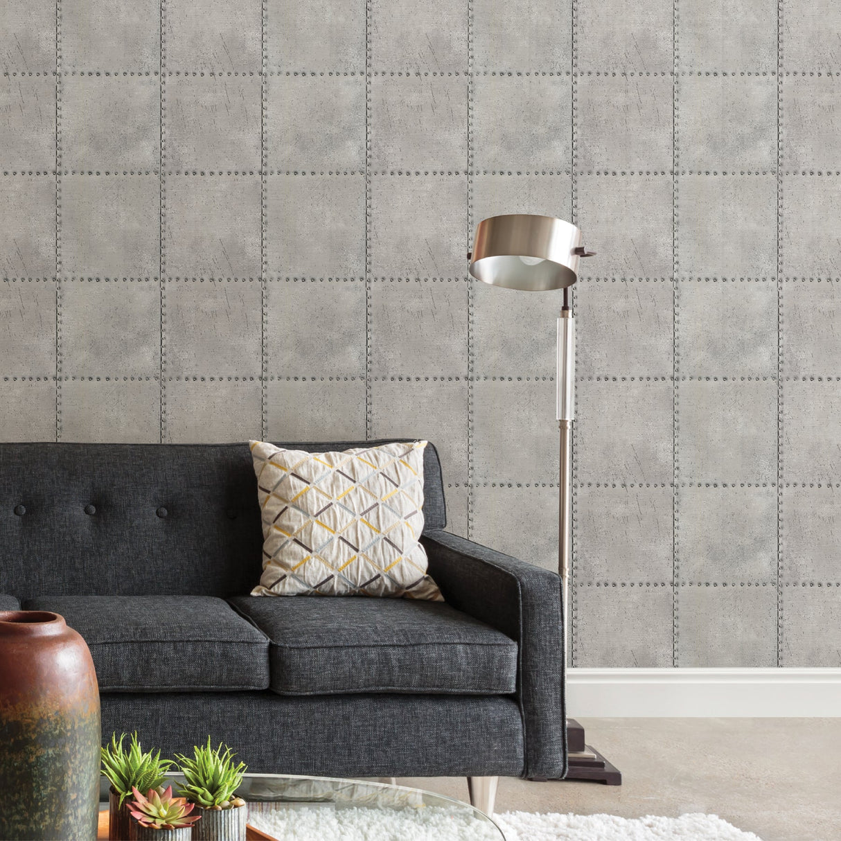 Beacon House 2604-21252 Riveted Silver Industrial Tile Wallpaper