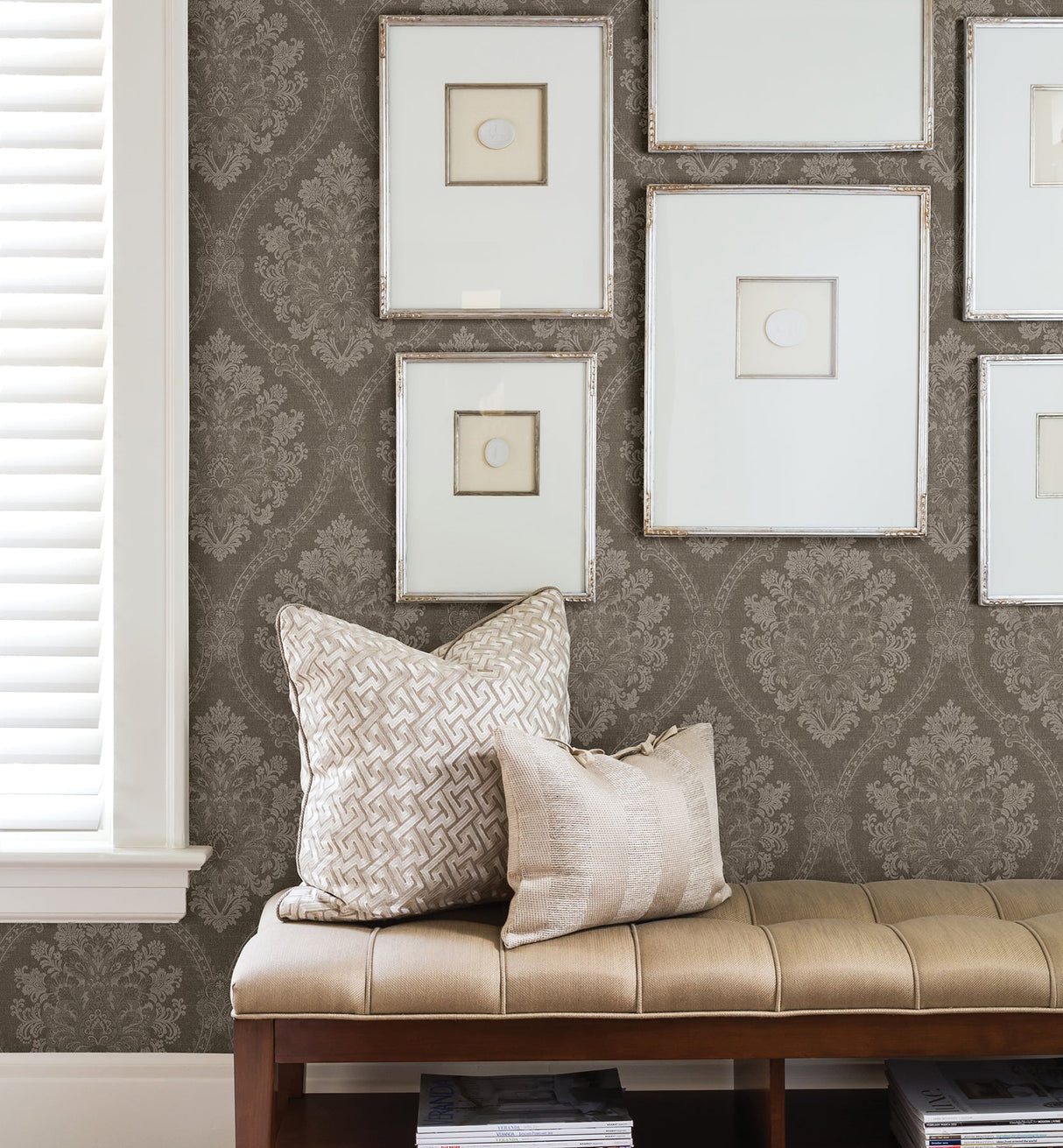 Beacon House 2614-21040 Amarissa Chocolate Jacquard Damask Wallpaper