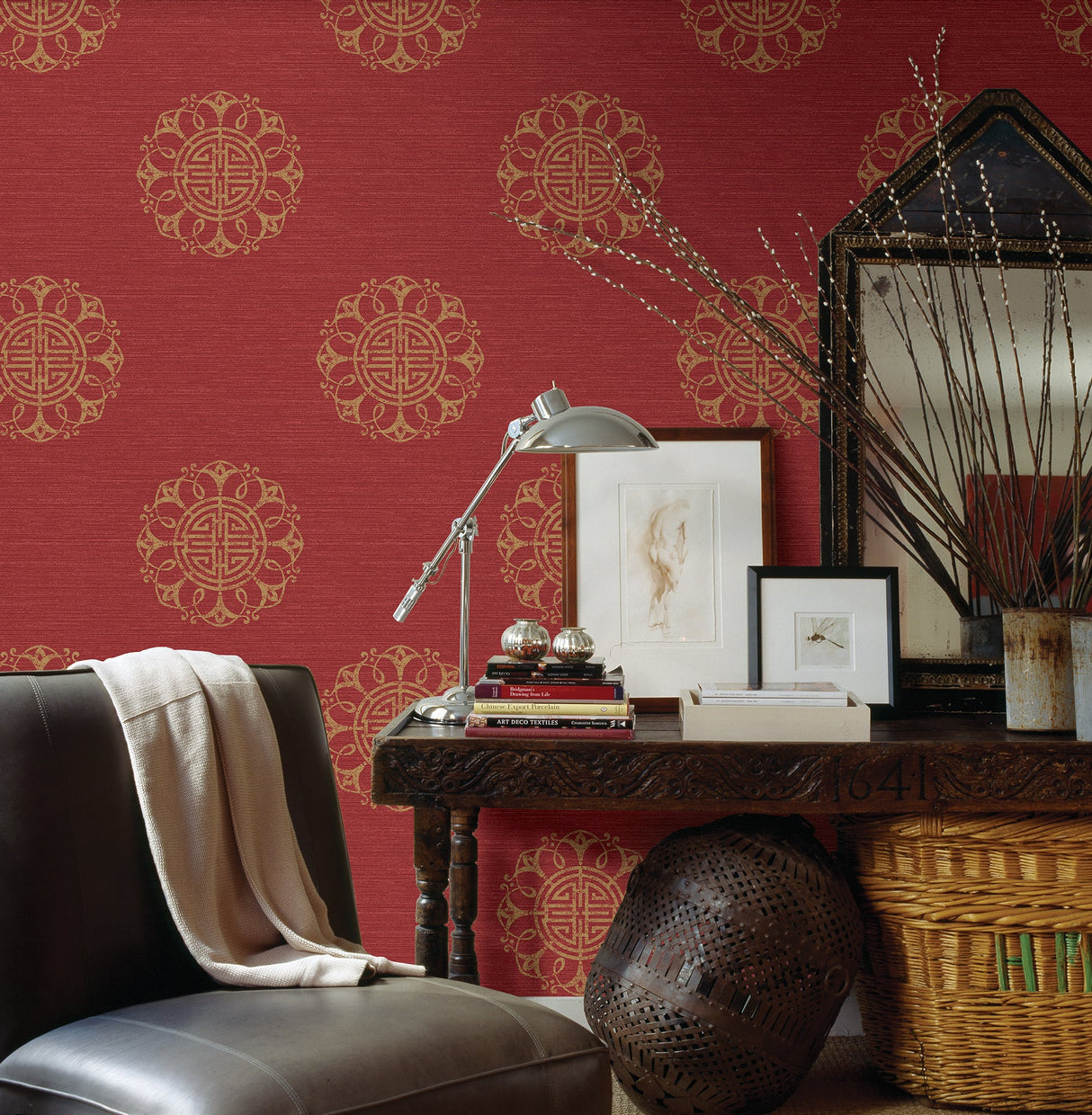 Beacon House 2669-21725 Lien Red Fountain Medallion Wallpaper