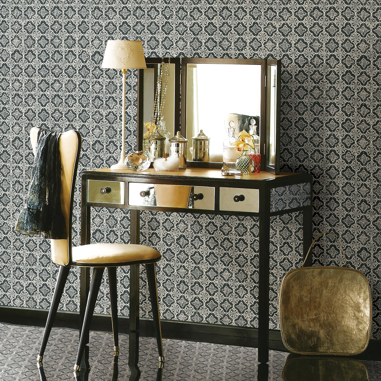 Brewster 2734-003532 Seville Black Geometric Tile Wallpaper