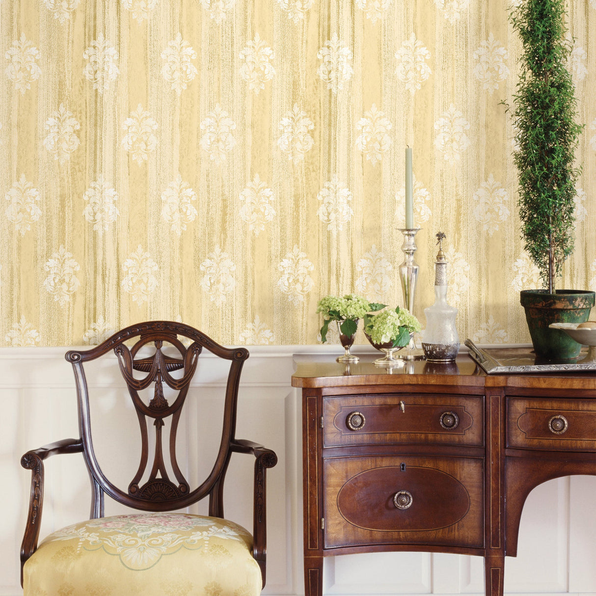 Advantage 2810-SH01122 Alison Yellow Damask Motif Wallpaper