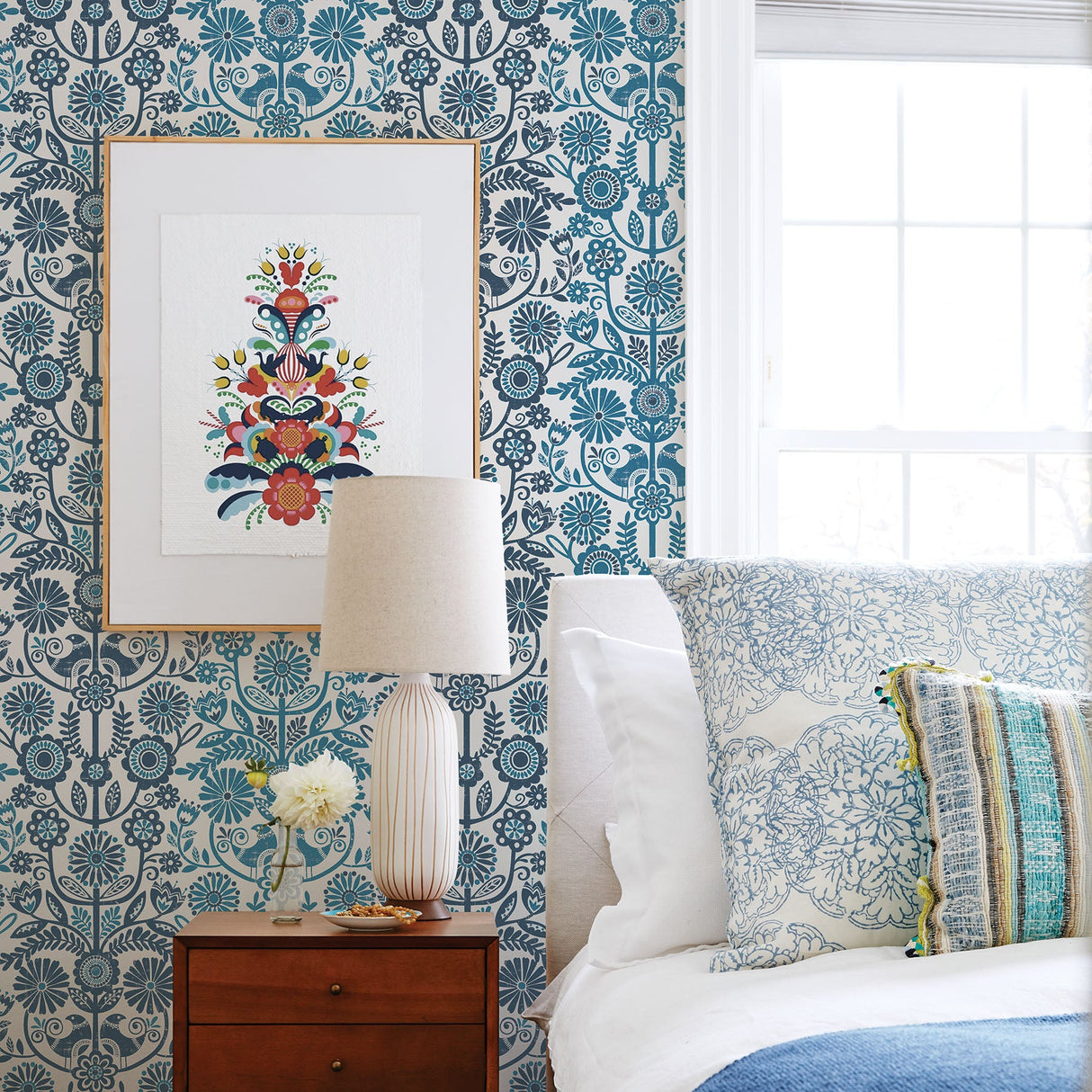 A-Street Prints 2821-25106 Lovebirds Navy Folk Stripe Wallpaper