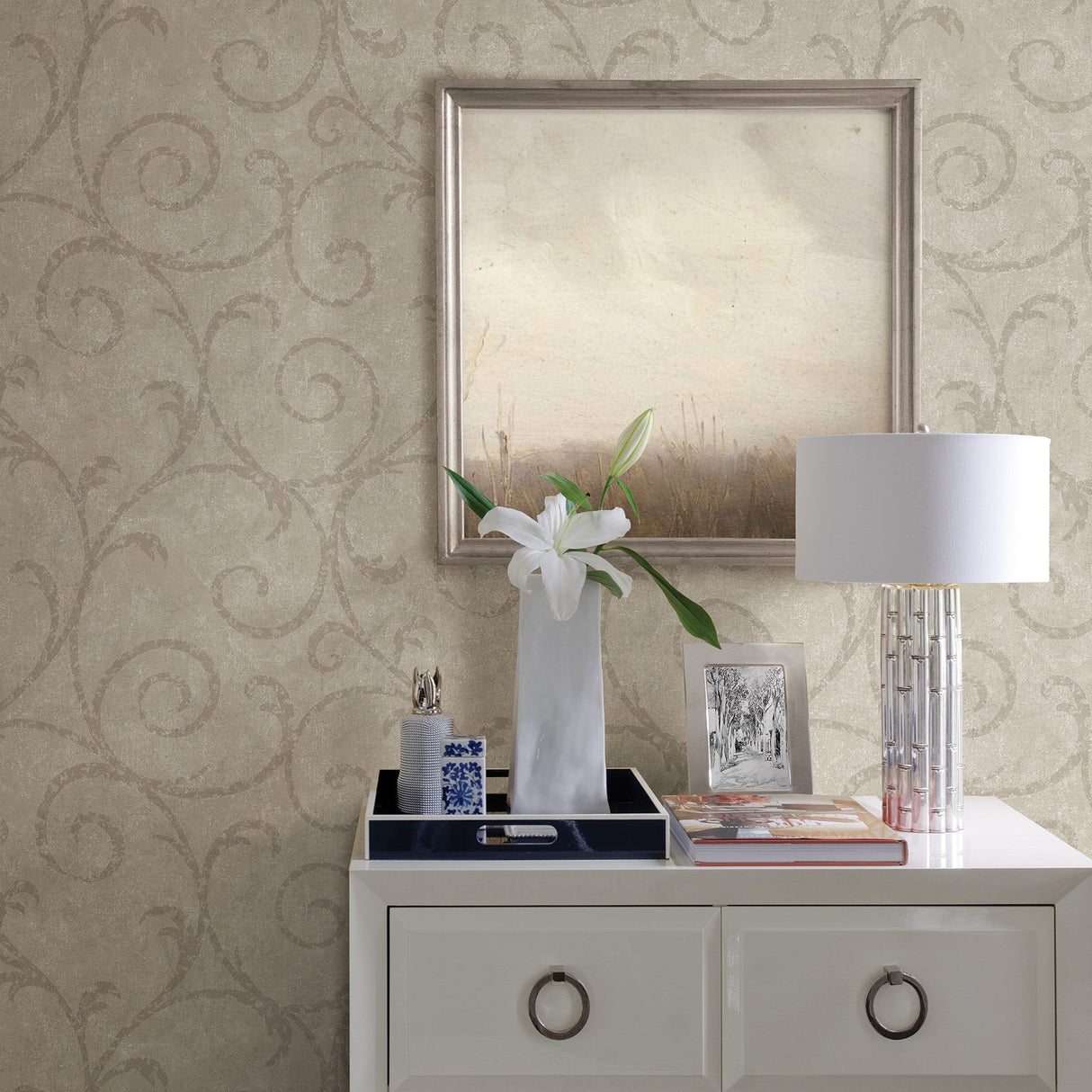 Warner Textures 2830-2737 Sansa Khaki Plaster Scroll Wallpaper
