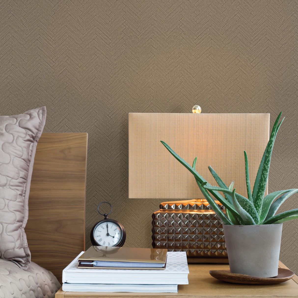 Warner Textures 2830-2764 Karma Brown Herringhone Weave Wallpaper