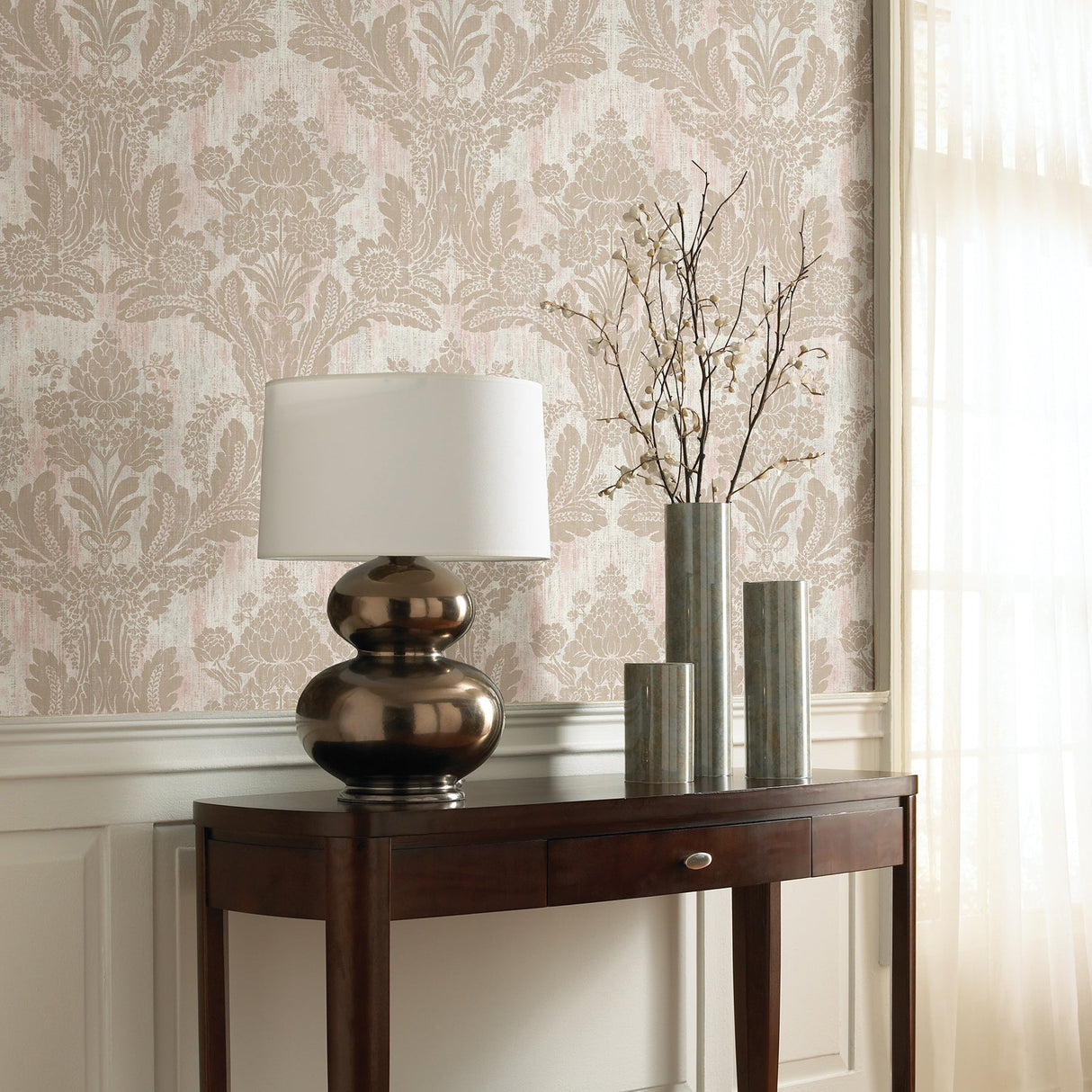 Advantage 2835-M1411 Zemi Light Pink Damask Wallpaper