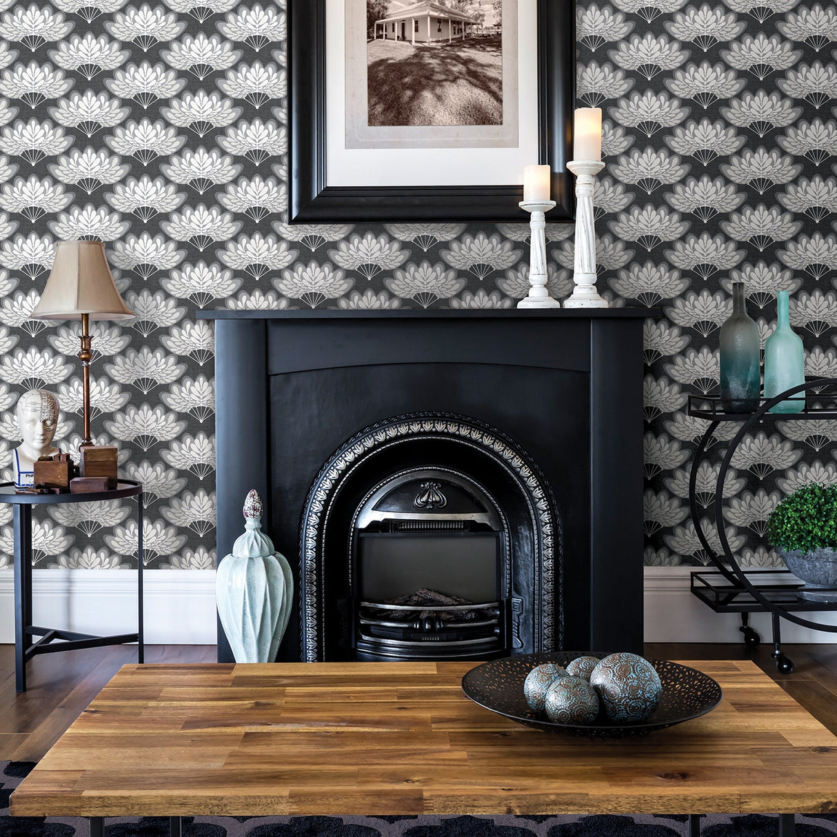 A-Street Prints 2861-25756 Lotus Charcoal Floral Fans Wallpaper