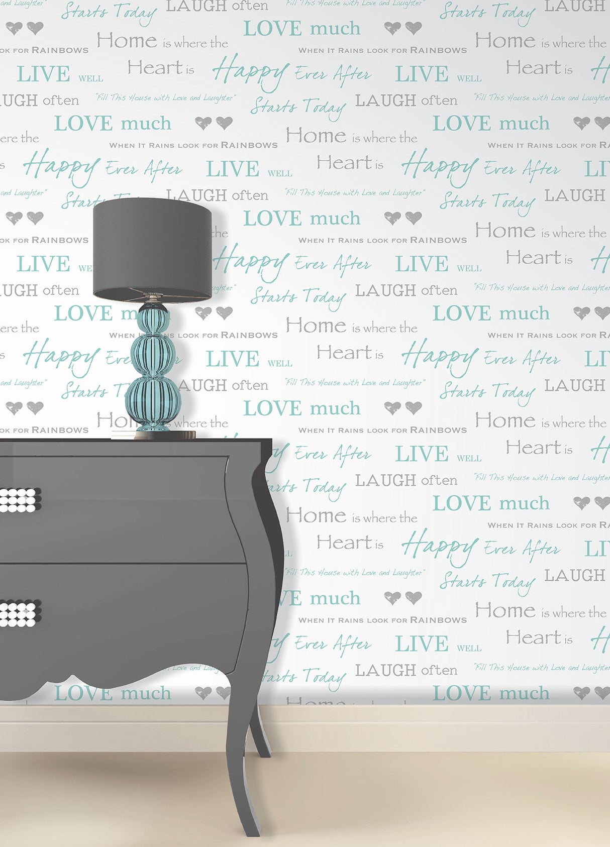 Fine Decor 2900-40428 Happy Home Aqua Text Wallpaper