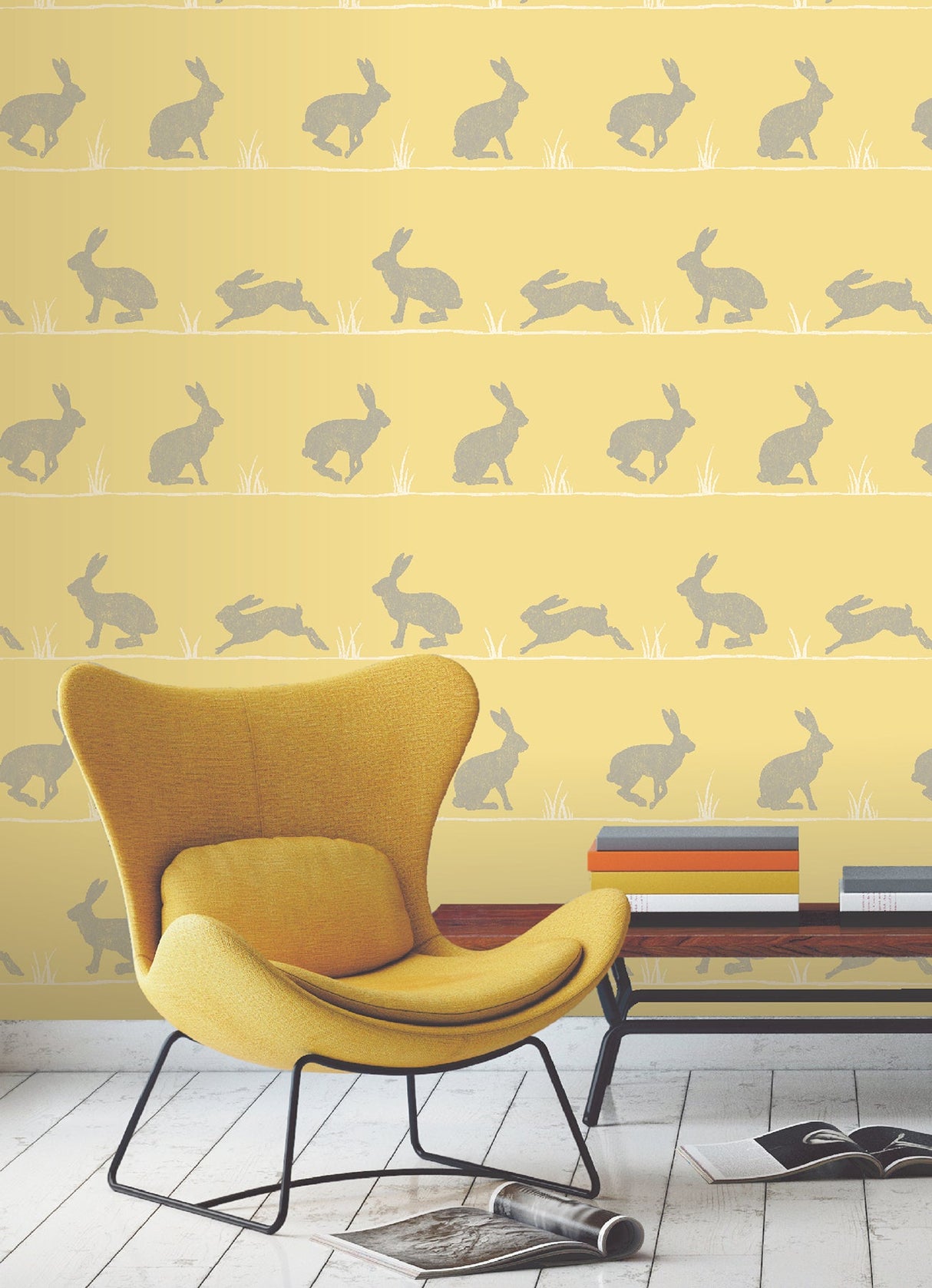 Fine Decor 2900-41265 Nell Mustard Rabbit Wallpaper