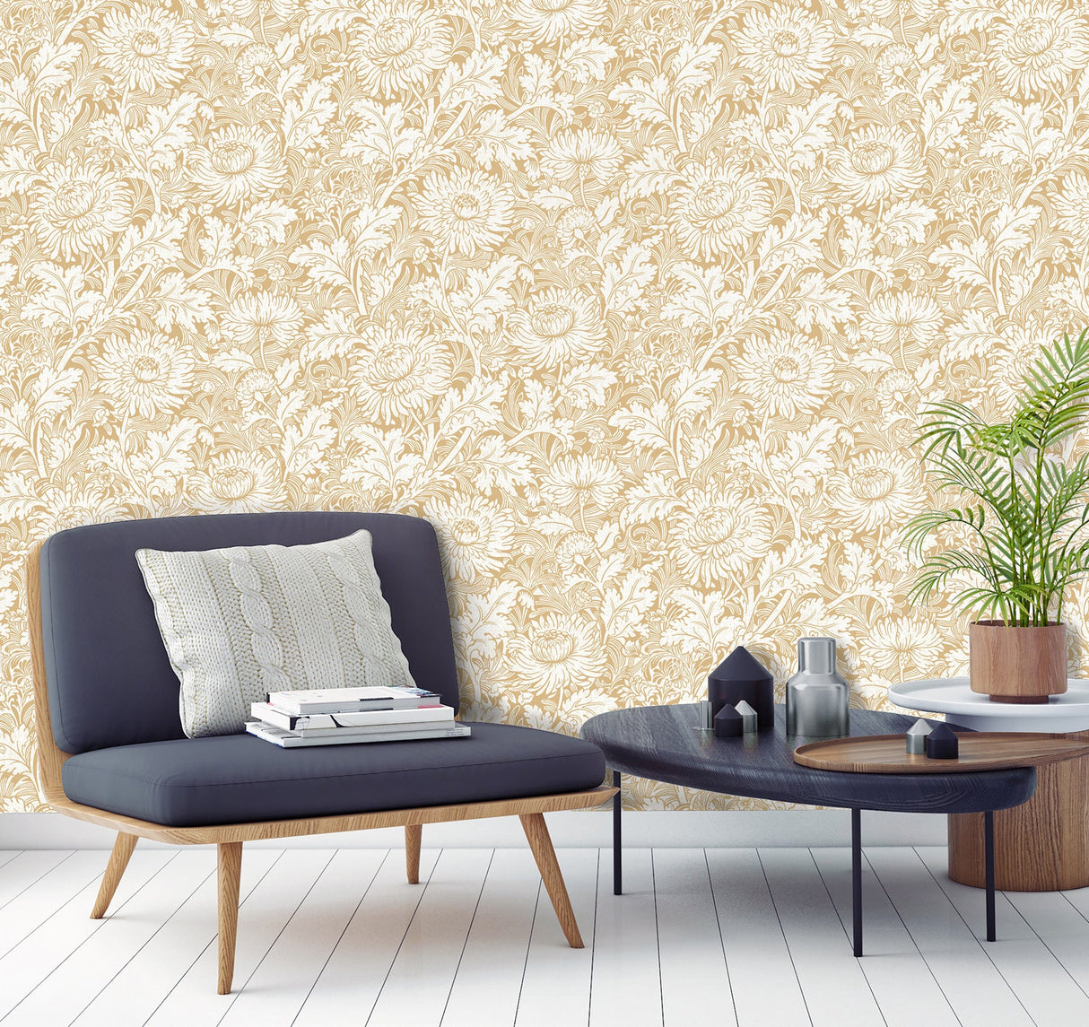 Fine Decor 2900-42528 Zinnia Mustard Floral Wallpaper