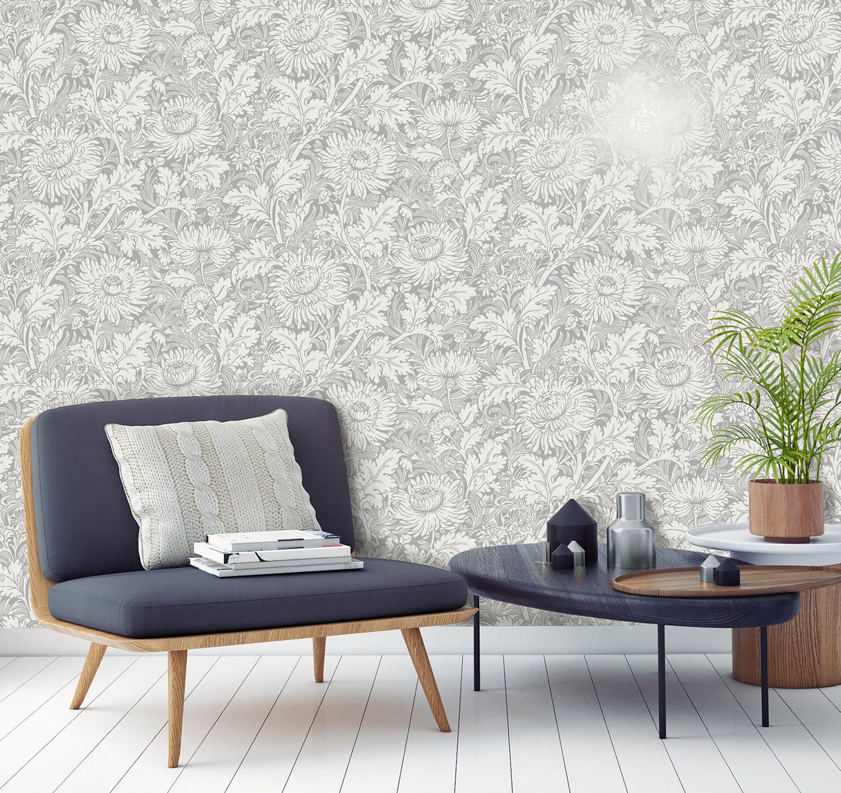 Fine Decor 2900-42530 Zinnia Silver Floral Wallpaper