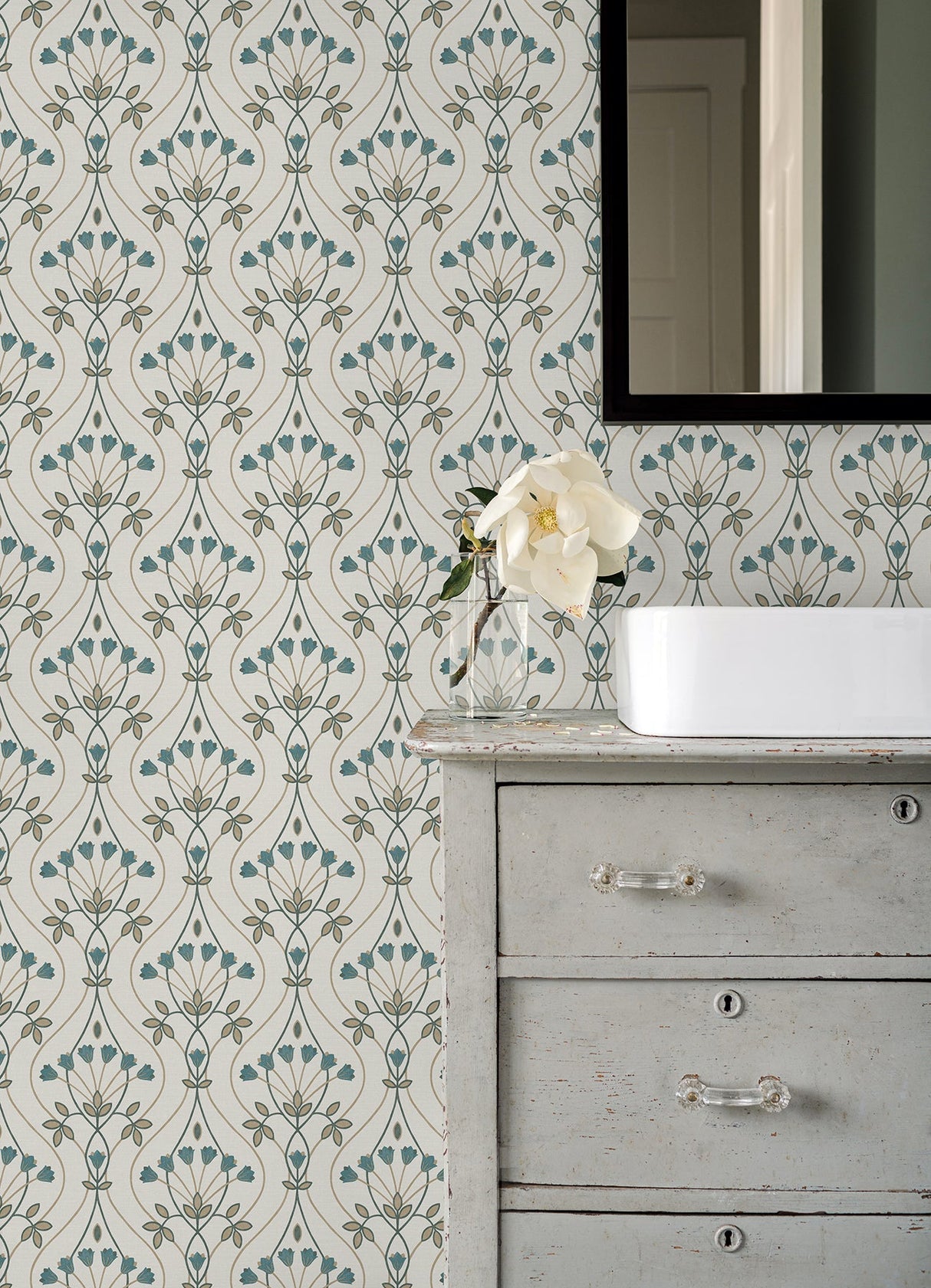 A-Street Prints 2970-26145 Dard Teal Tulip Ogee Wallpaper
