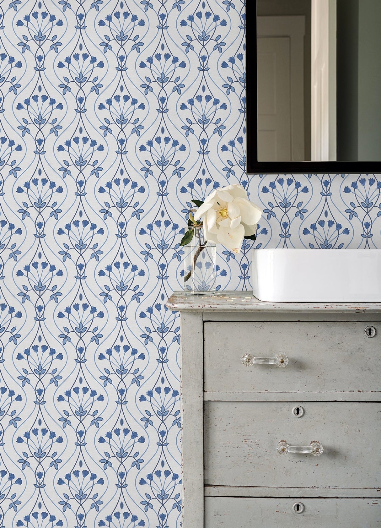 A-Street Prints 2970-26148 Dard Blue Tulip Ogee Wallpaper