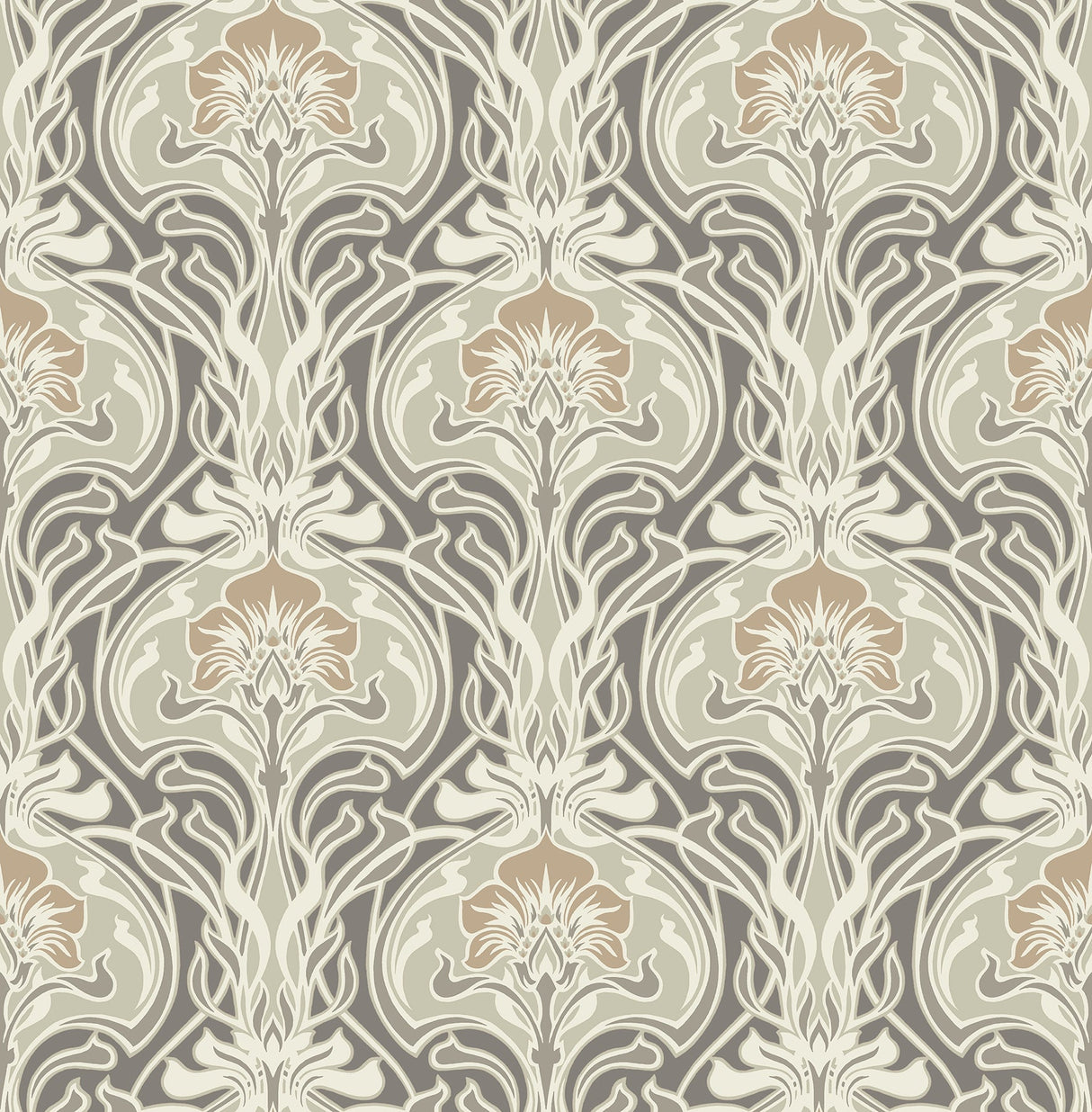 A-Street Prints 2970-26150 Mucha Dark Grey Botanical Ogee Wallpaper