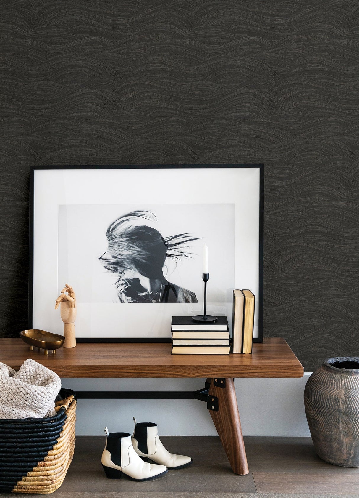 A-Street Prints 2971-86363 Leith Black Zen Waves Wallpaper
