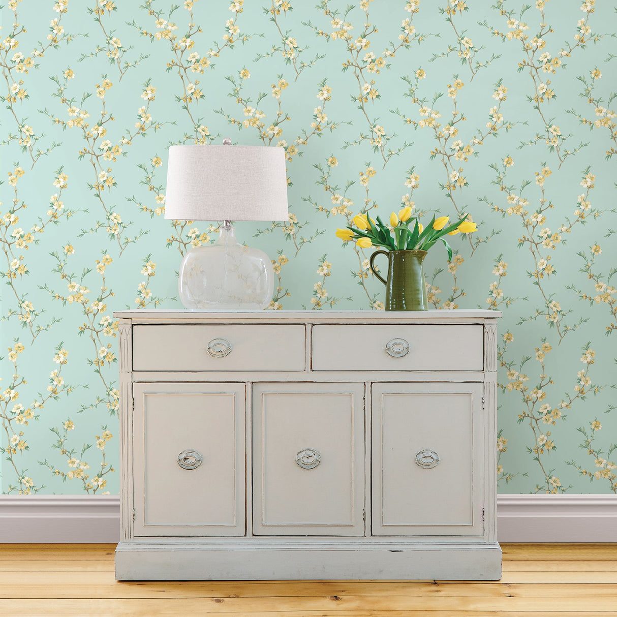 Chesapeake 3112-002773 Cherry Blossom Light Green Trail Wallpaper