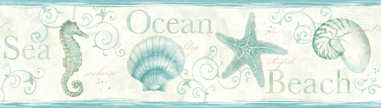 Chesapeake 3113-53562B Island Bay Teal Seashells Border
