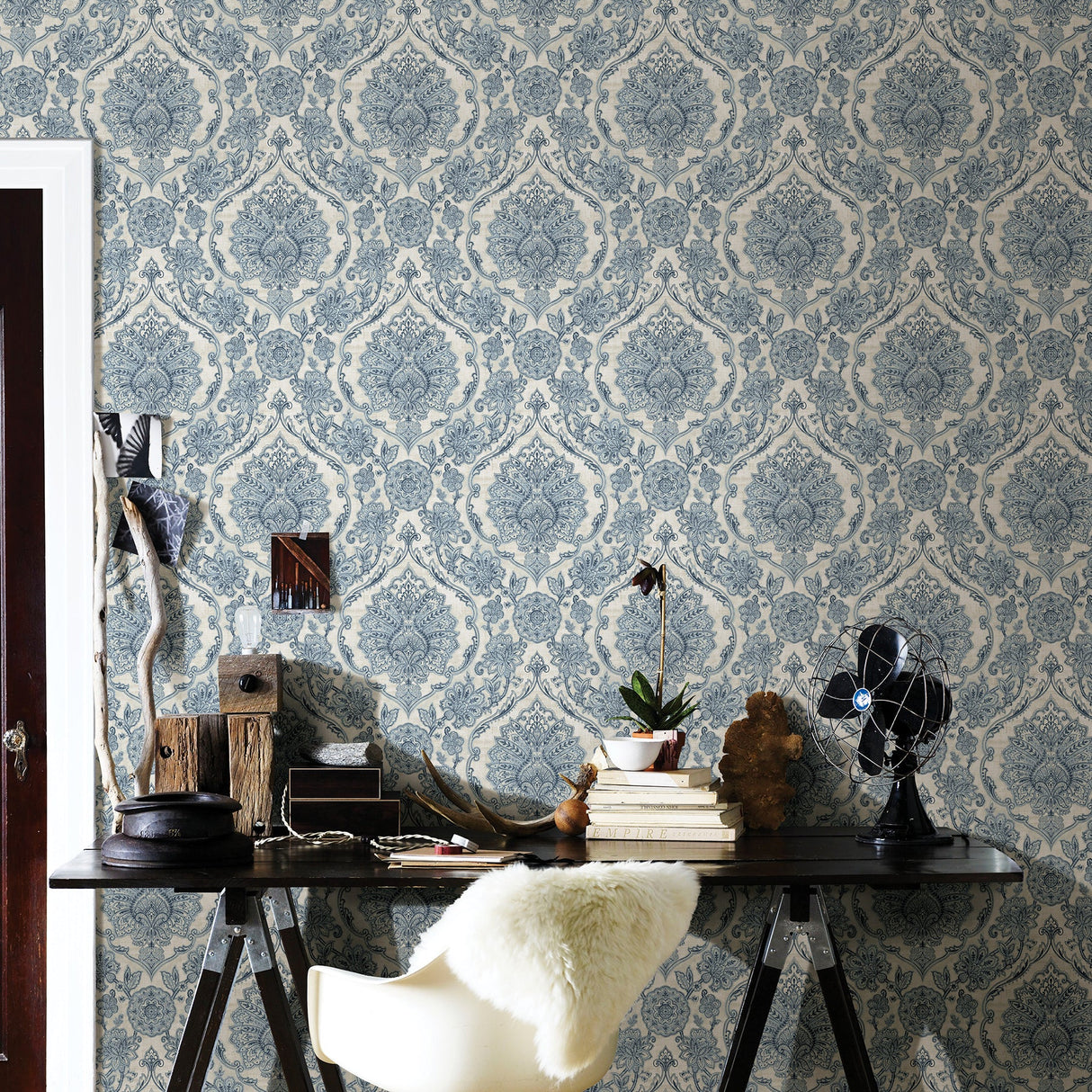 Chesapeake 3114-003319 Carnegie Blue Damask Wallpaper