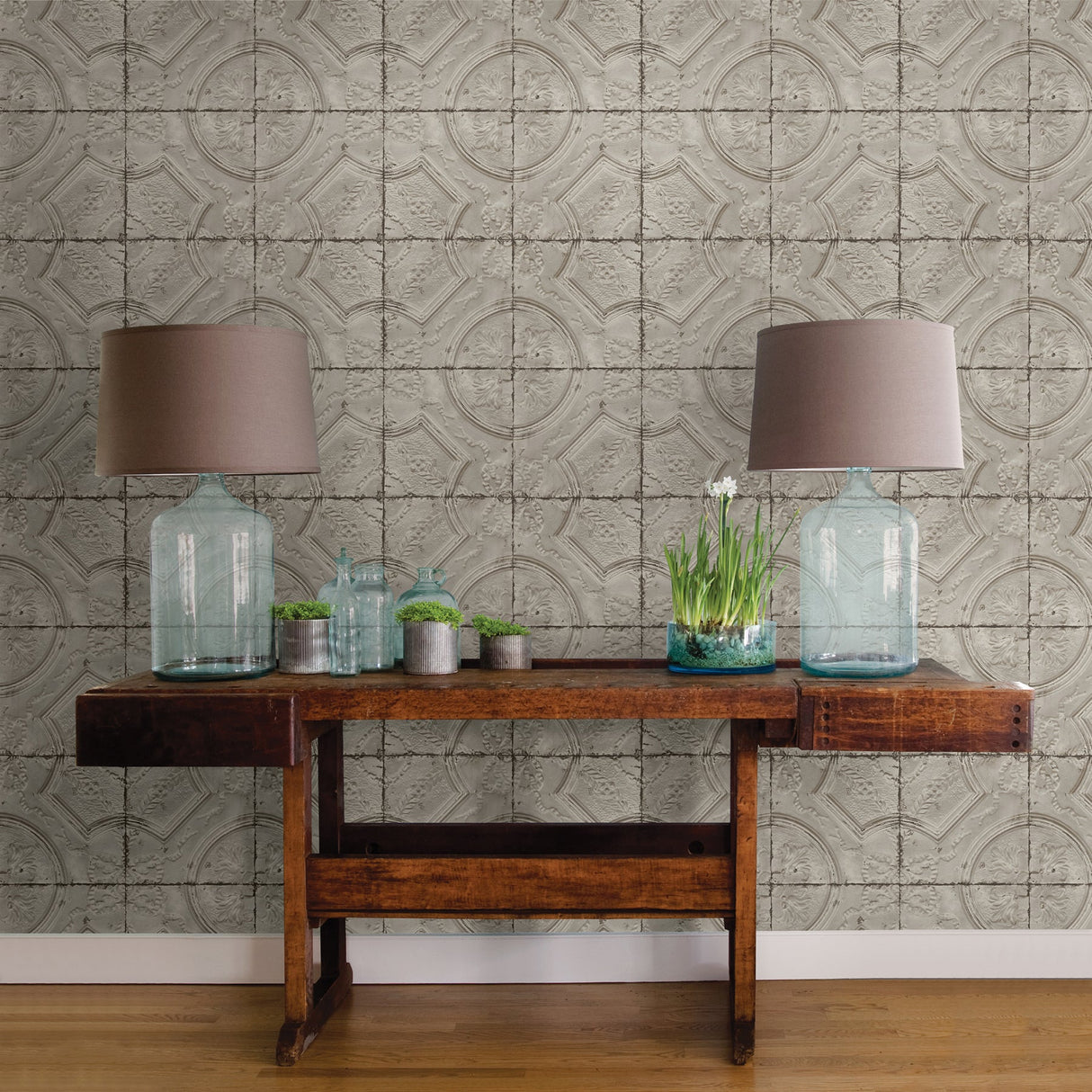 Chesapeake 3115-12433 Susanna Taupe Vintage Tin Tile Wallpaper