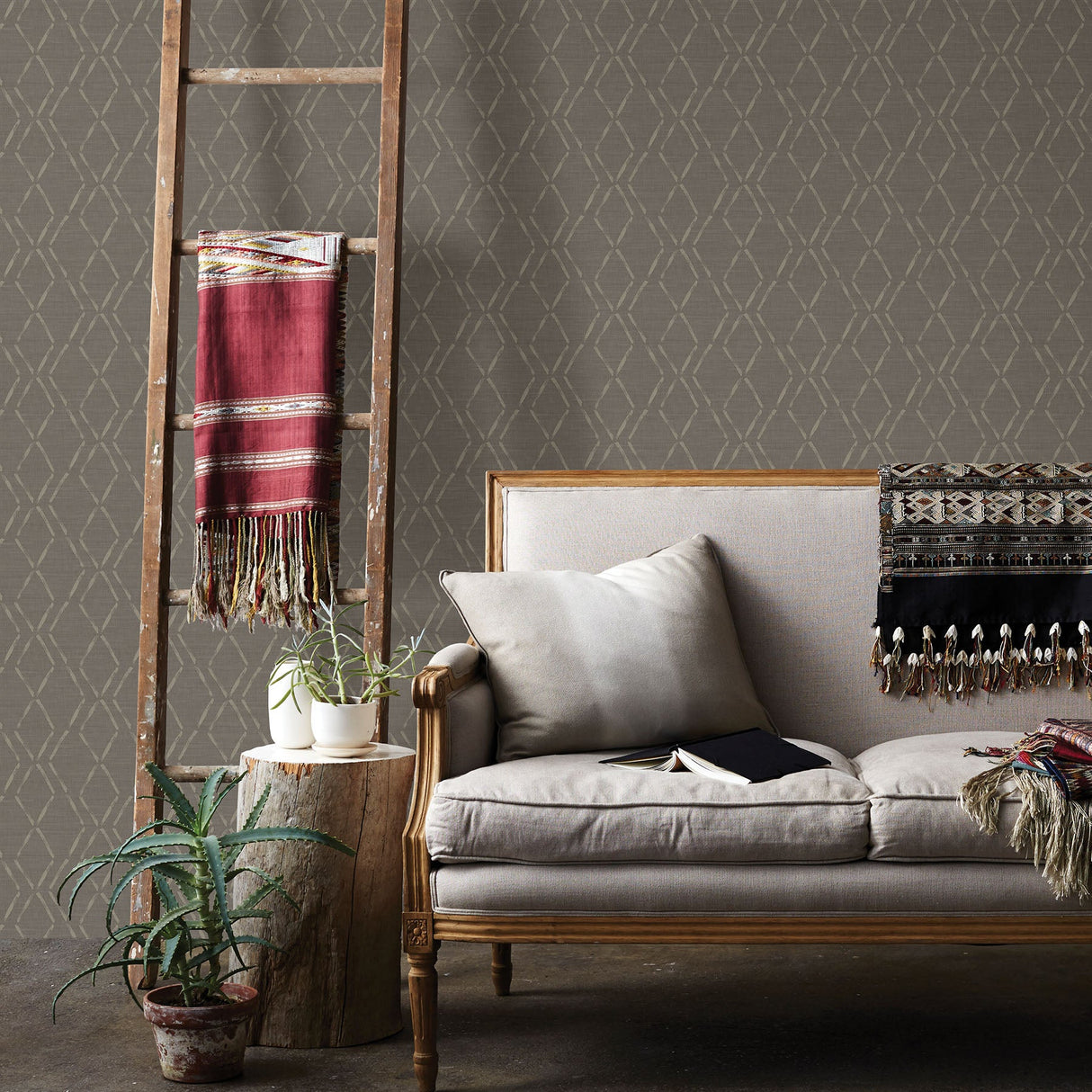 Chesapeake 3118-12654 Tapa Brown Trellis Wallpaper