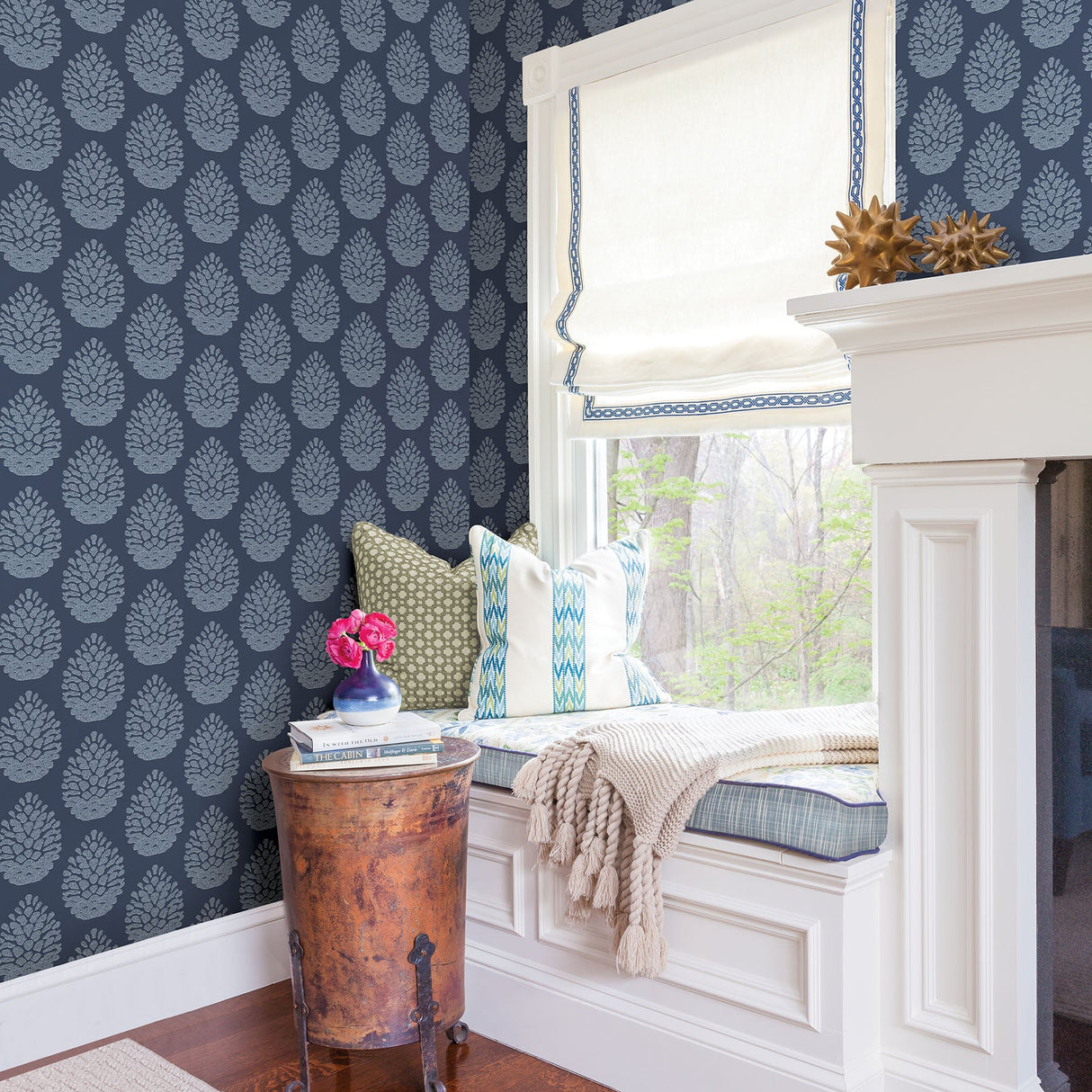 Chesapeake 3118-25092 Totem Blue Pinecone Wallpaper