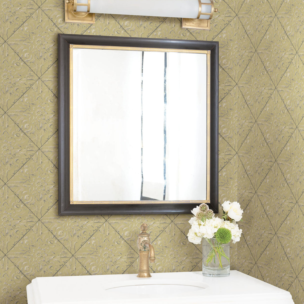 Chesapeake 3119-13093 Brandi Yellow Metallic Faux Tile Wallpaper