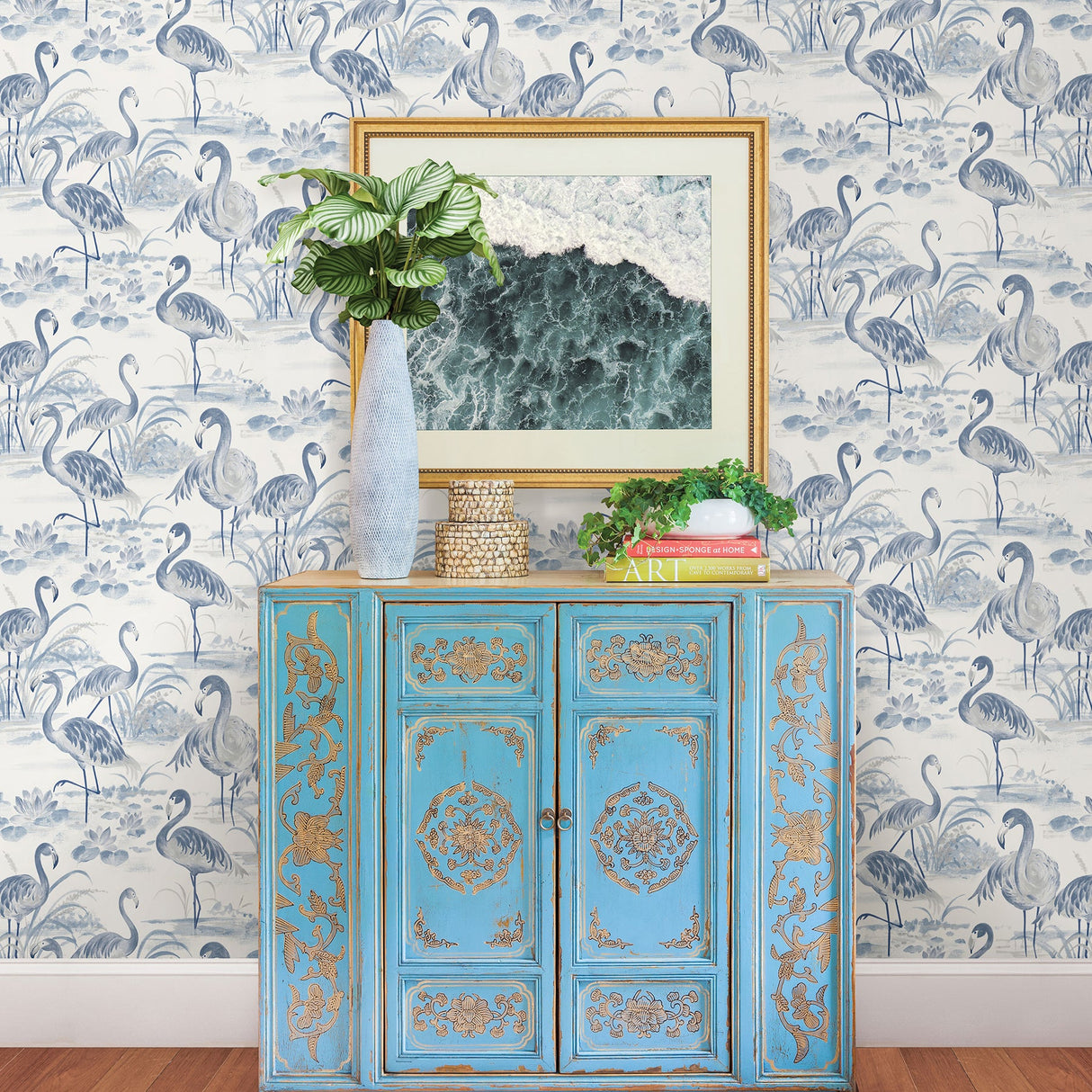 Chesapeake 3120-13602 Everglades Blue Flamingos Wallpaper