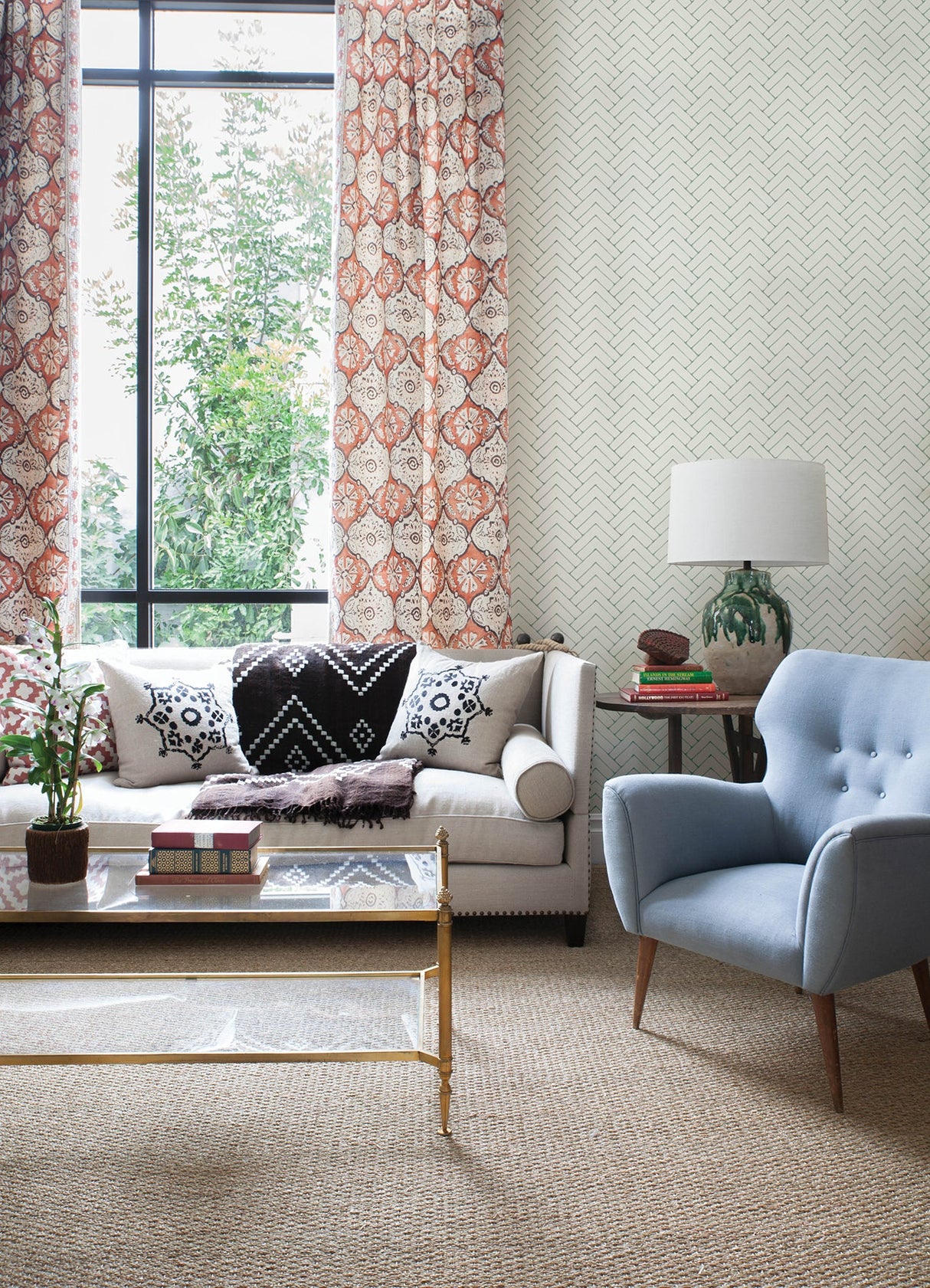 Chesapeake 3125-72362 Oswin Teal Tiered Herringbone Wallpaper