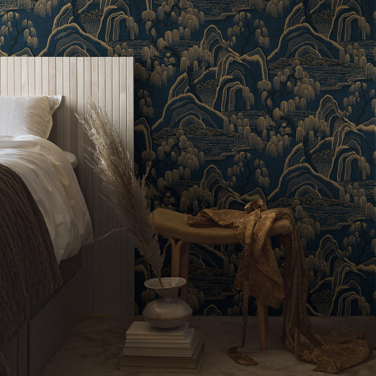 Schumacher 3132 INDIGO GARDEN in INDIGO AND GOLD Wallpaper -