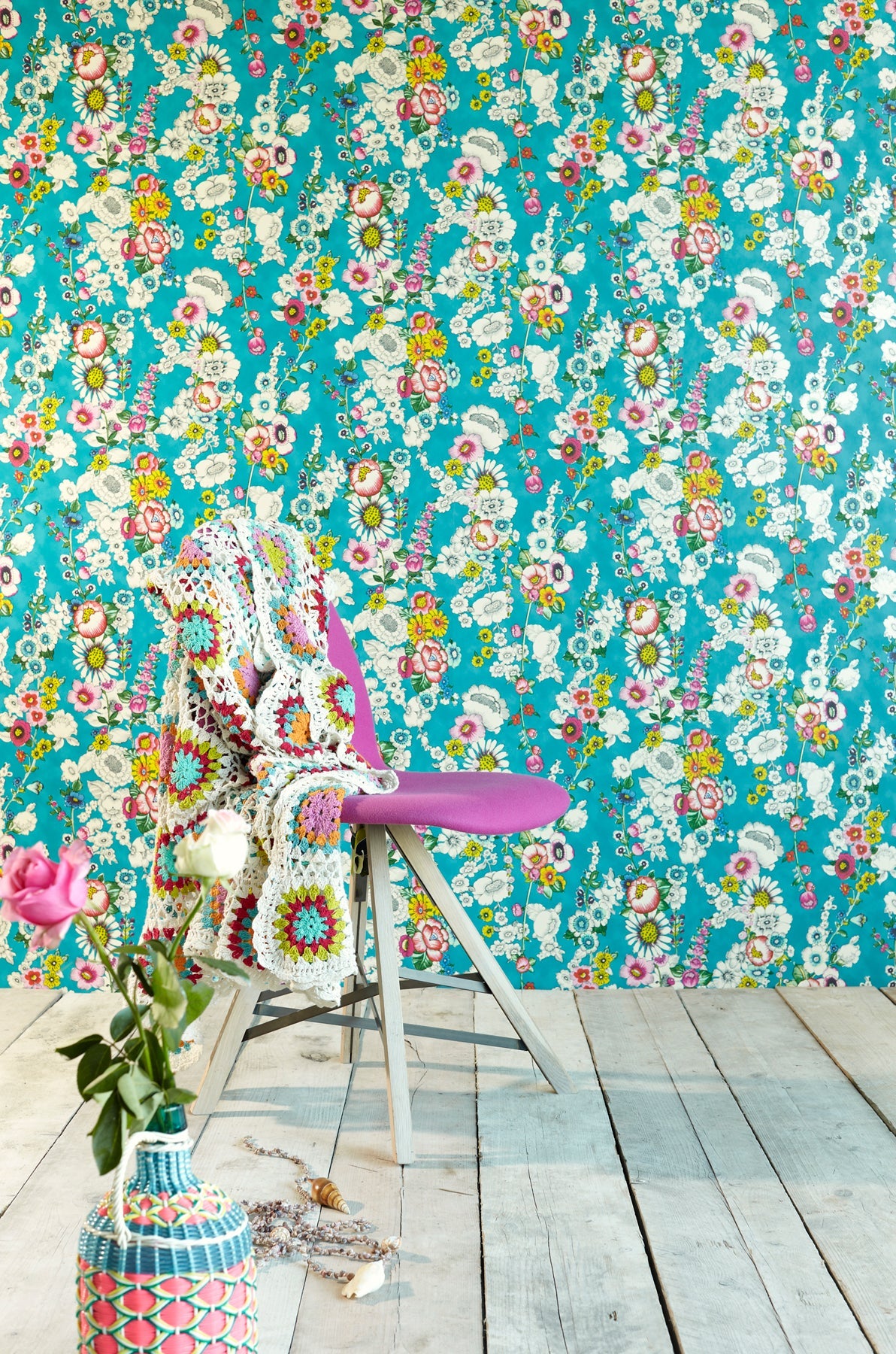 Eijffinger 330203 Eivissa Aqua Vivid Floral Wallpaper