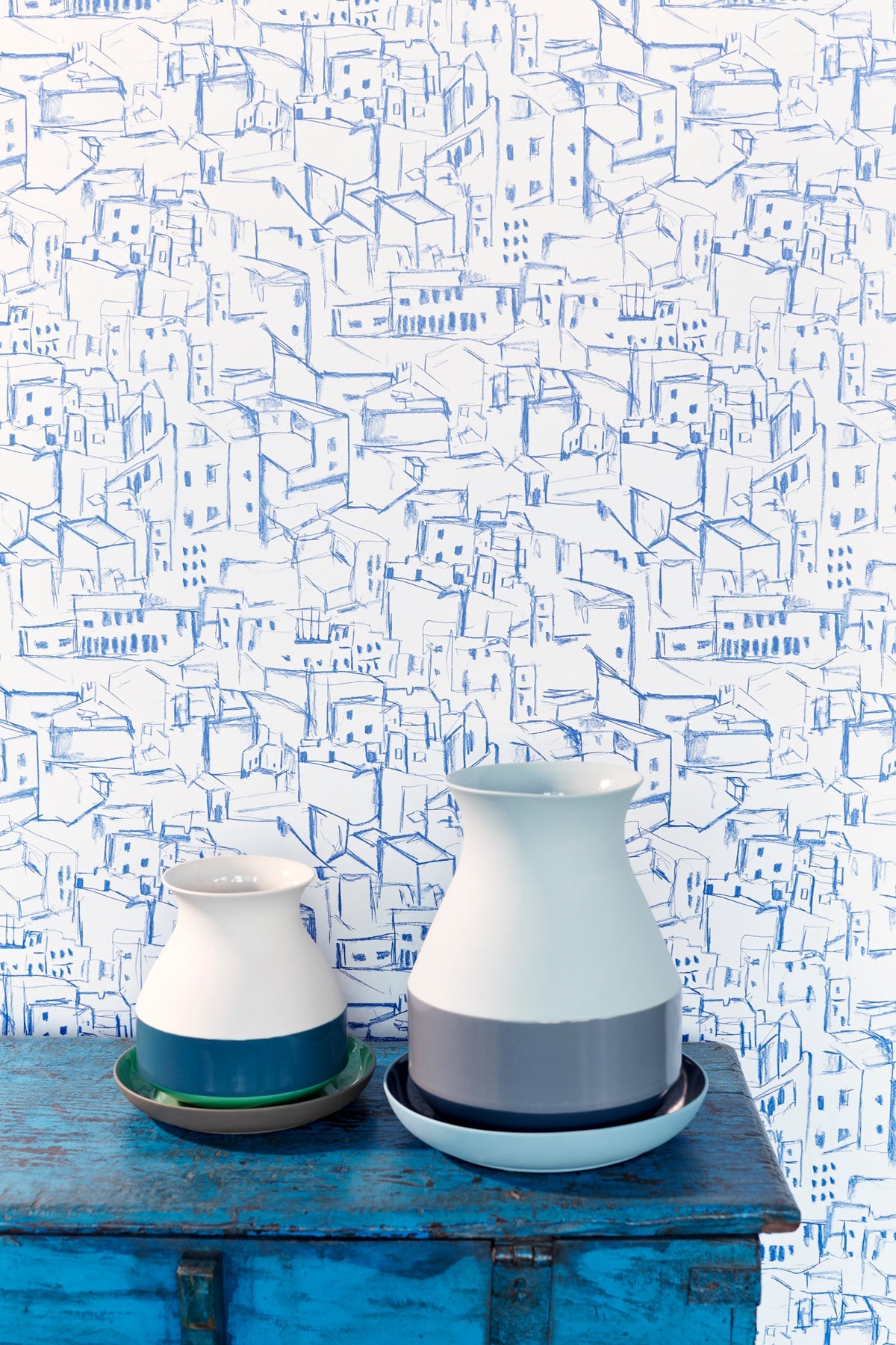 Eijffinger 330225 Kasabian Blue Hillside Village Sketch Wallpaper