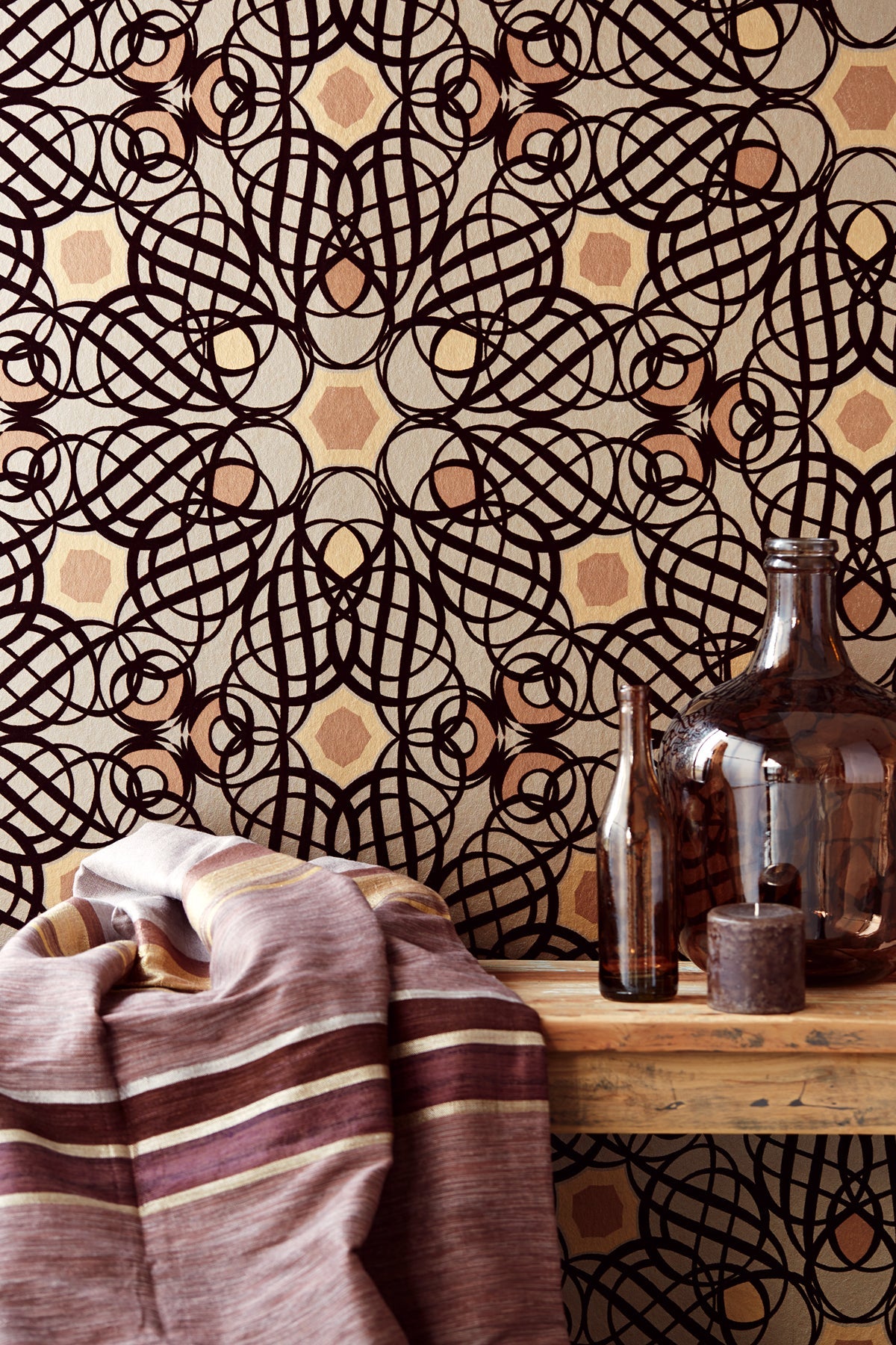 Eijffinger 341730 Caspian Brown Swirling Flocked Geometric Wallpaper