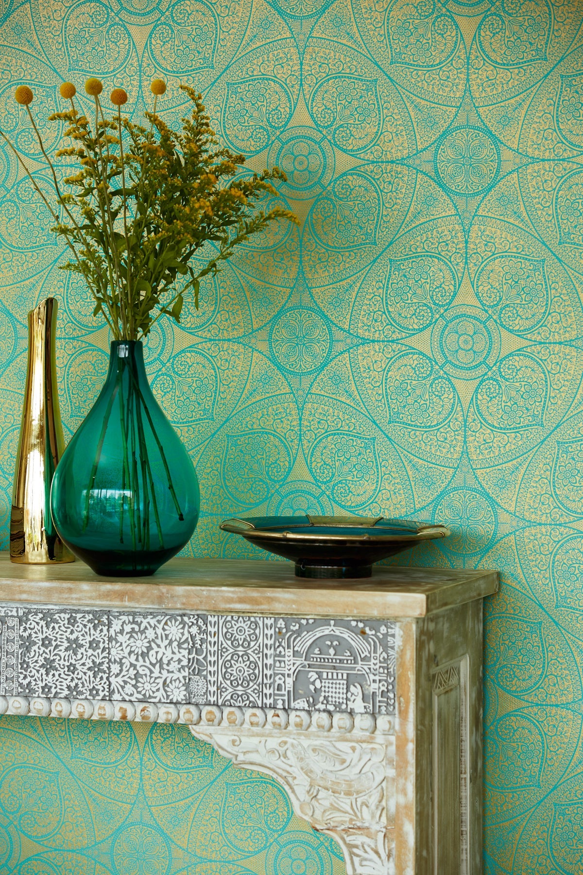 Eijffinger 341752 Yasamin Teal Mehndi Medallion Wallpaper