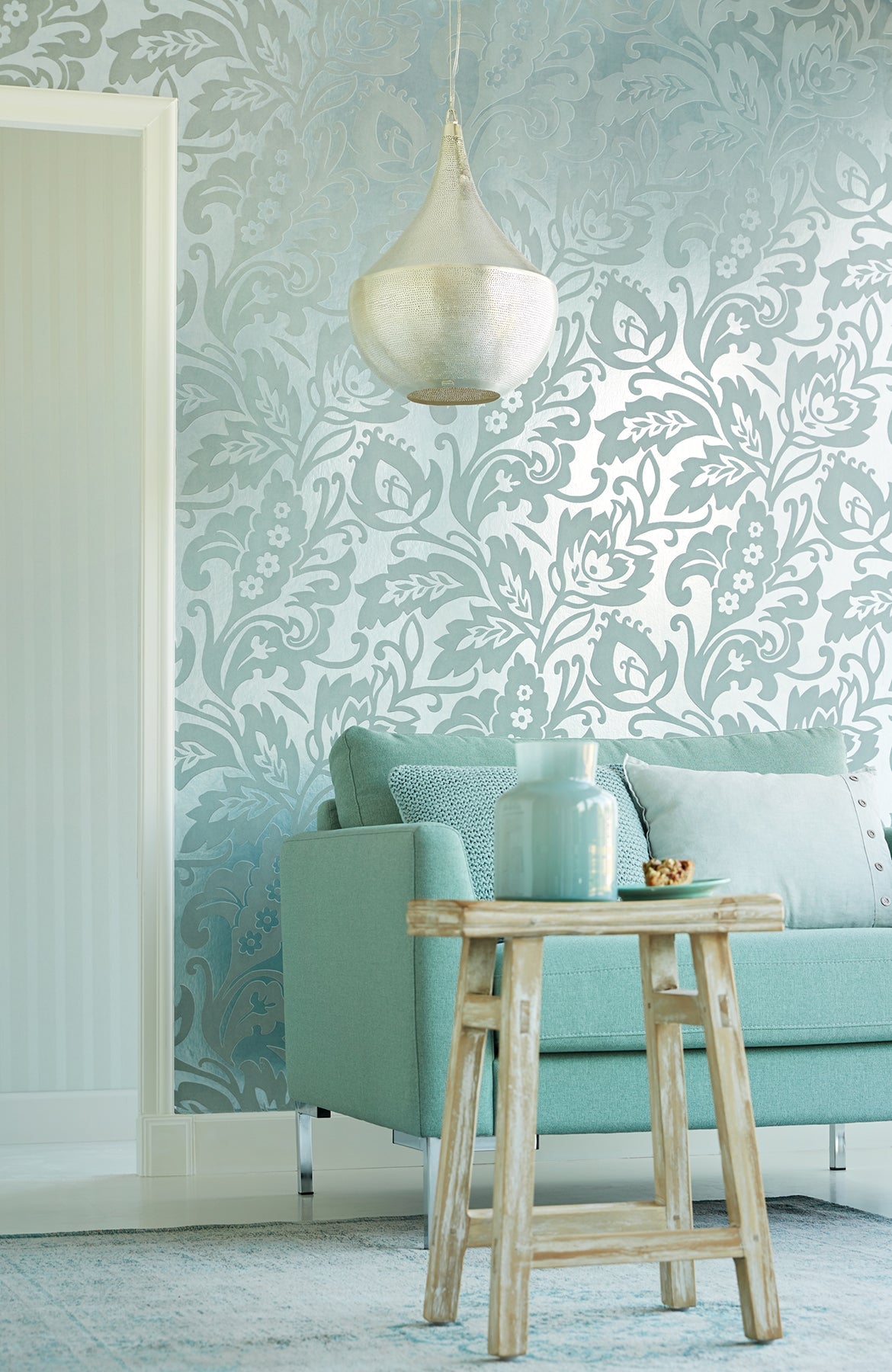 Eijffinger 352012 Velma Mint Flocked Paisley Wallpaper