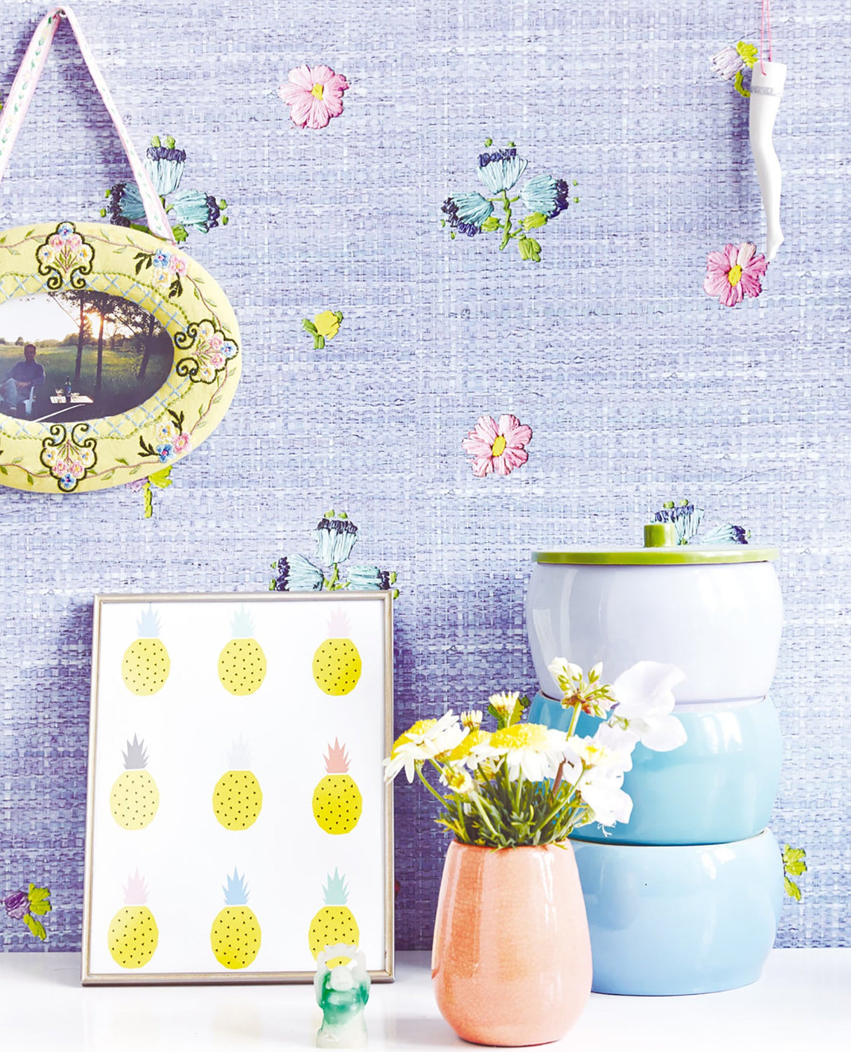 Eijffinger 359155 Gerda Blue Hand Embroidered Raffia Look Wallpaper