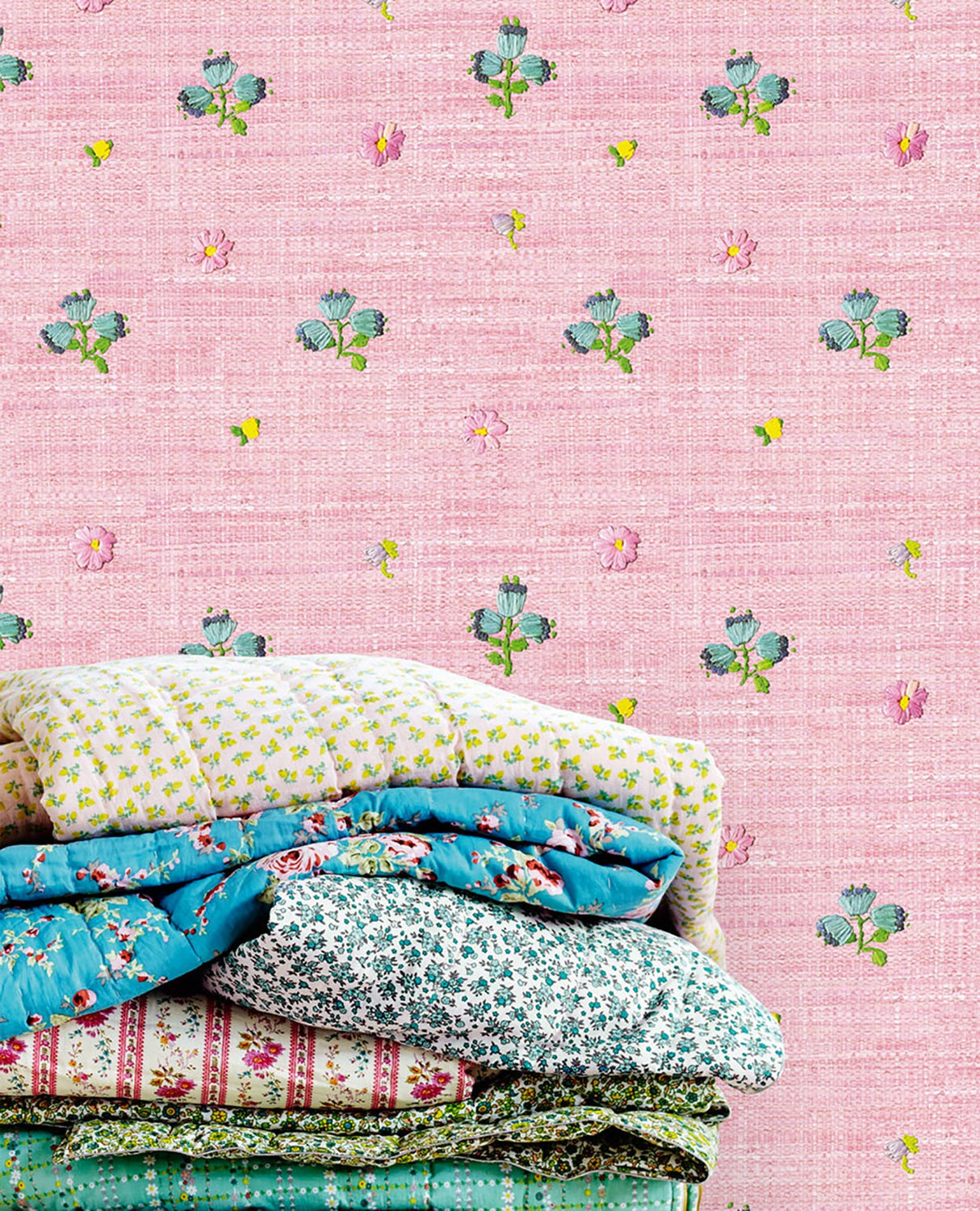 Eijffinger 359156 Gerda Pink Hand Embroidered Raffia Look Wallpaper