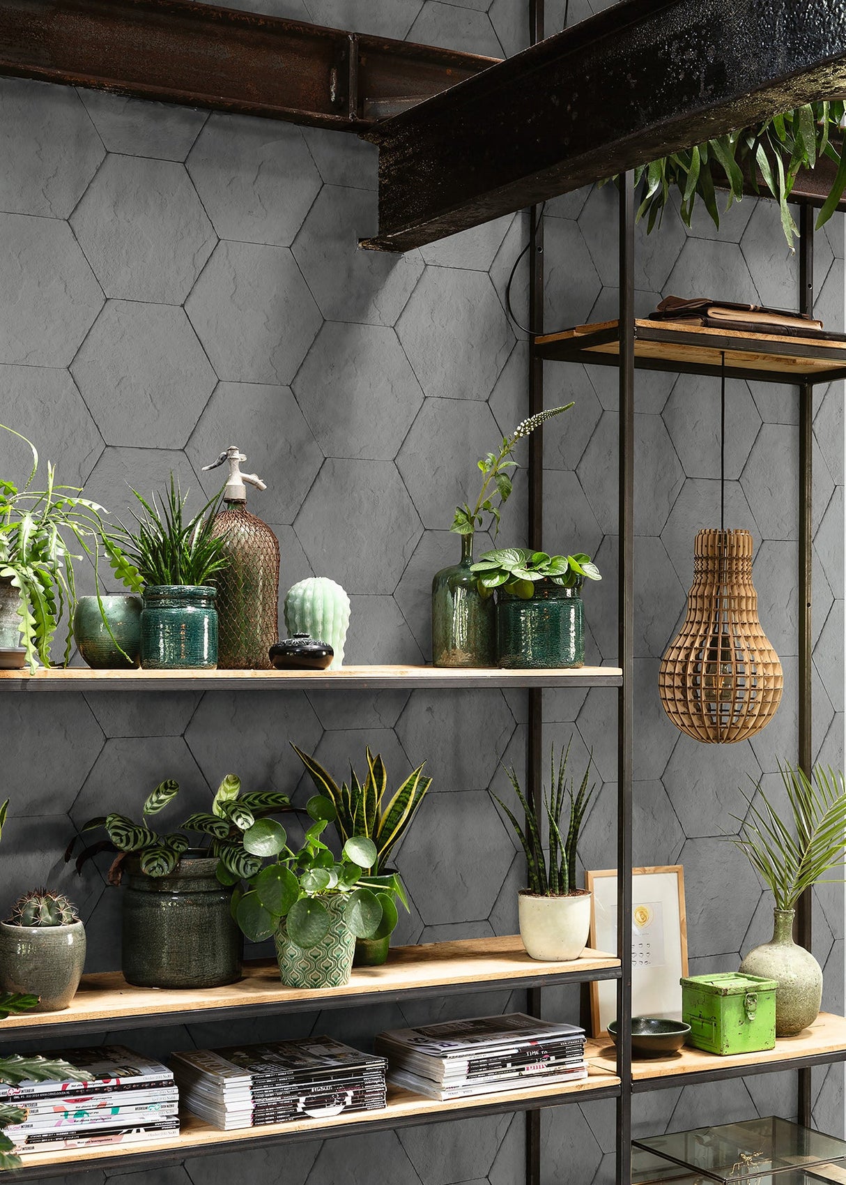 Advantage 4015-427127 Bascom Dark Grey Stone Hexagon Wallpaper