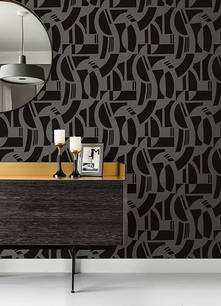 Eade’s Carter Black Geometric Flock Wallpaper by Scott Livin