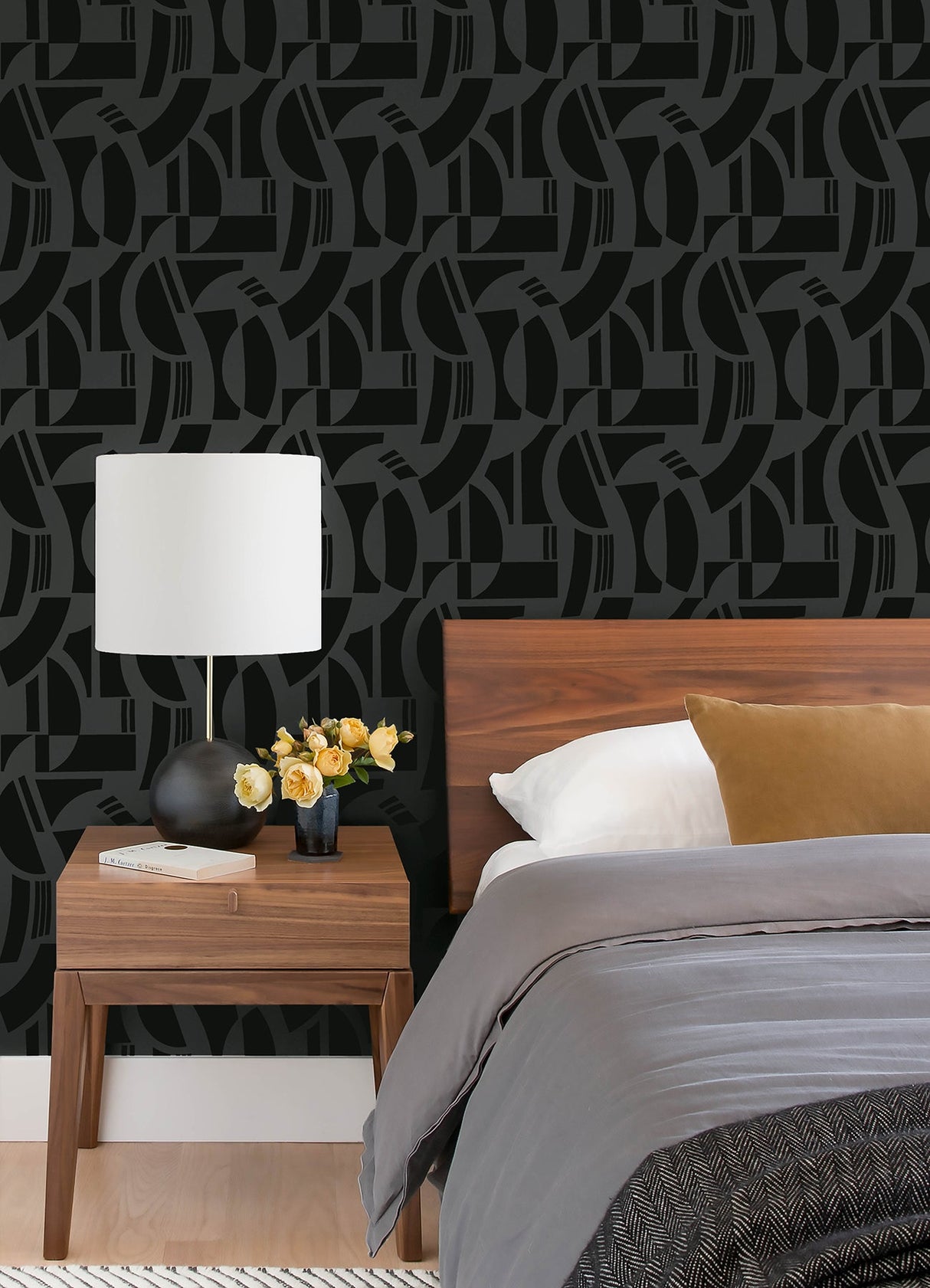 A-Street Prints 4034-87379 Carter Black Geometric Flock Wallpaper by Scott Living