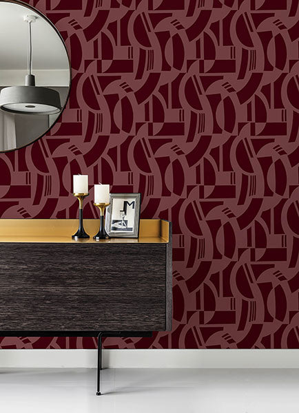 Eade’s Carter Burgundy Geometric Flock Wallpaper by Scott Li